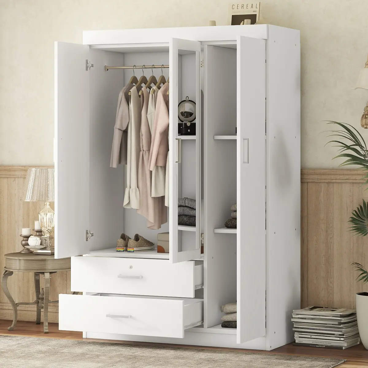 White 3-Door MDF Wardrobe with Partial Shelves, Clean Lines, Full-Length Mirror & Locks (LP006601AAK)