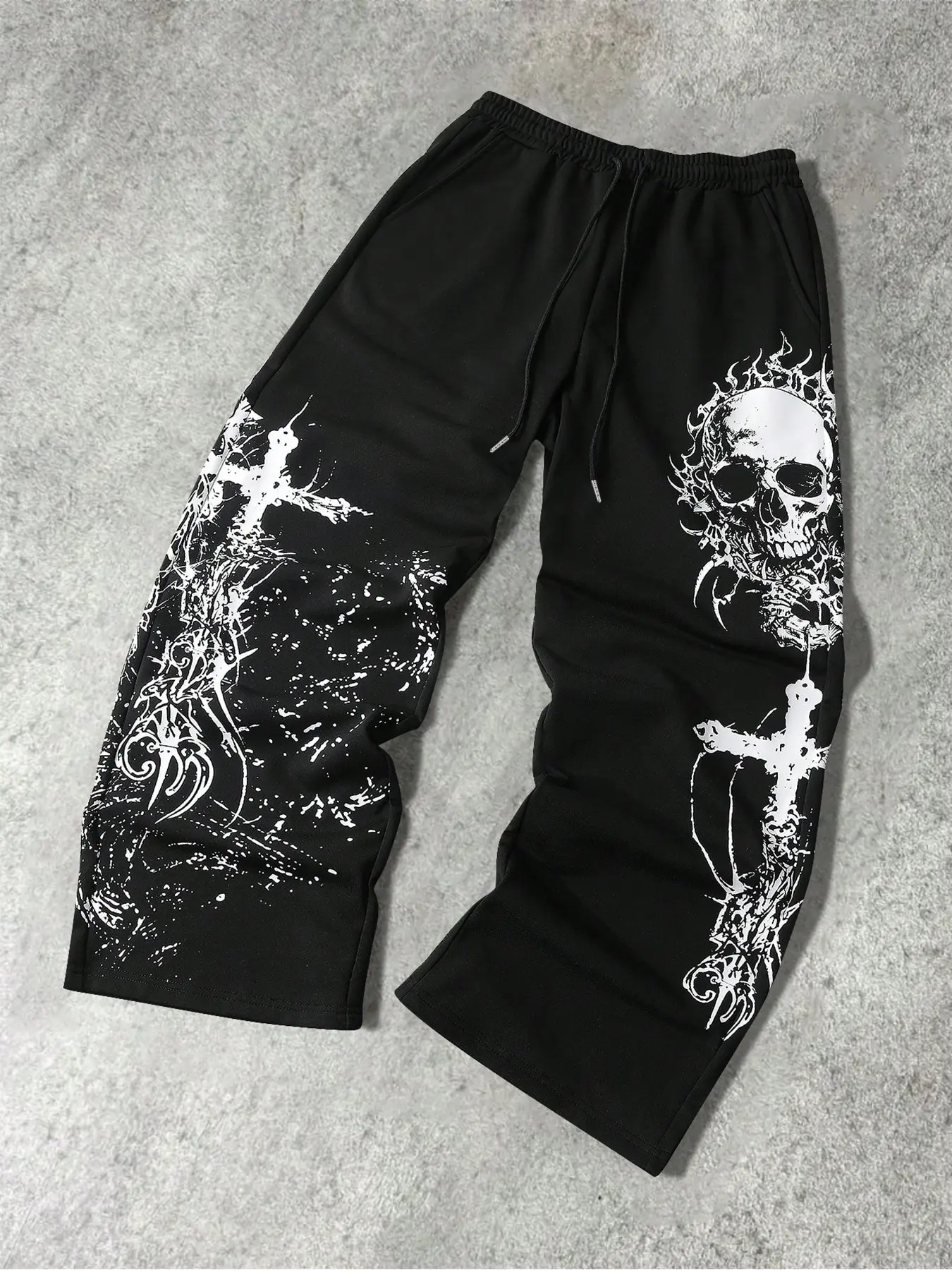 Men's Trendy Long Pants, Casual Pants, Casual Relaxed Fit, Retro Gothic Skull Cross Graphic Printed Wide Leg Drawstring Trousers, Street Style Men's Loose Sweatpants, Streetwear, Y2K Grunge Aesthetic, for Weekend Hangouts and Live Shows