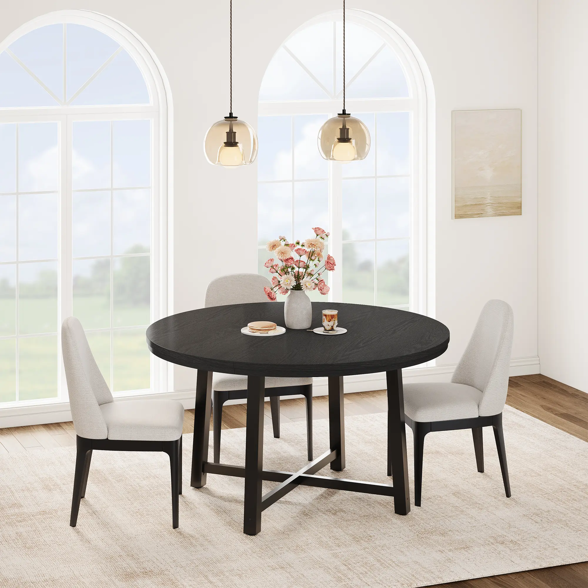 Space-Saving Round Dining Table for 4-6 – Sturdy Metal Frame, Industrial Farmhouse Kitchen Table, Rustic Brown Finish, Large Circle Table for Dining Room or Kitchen