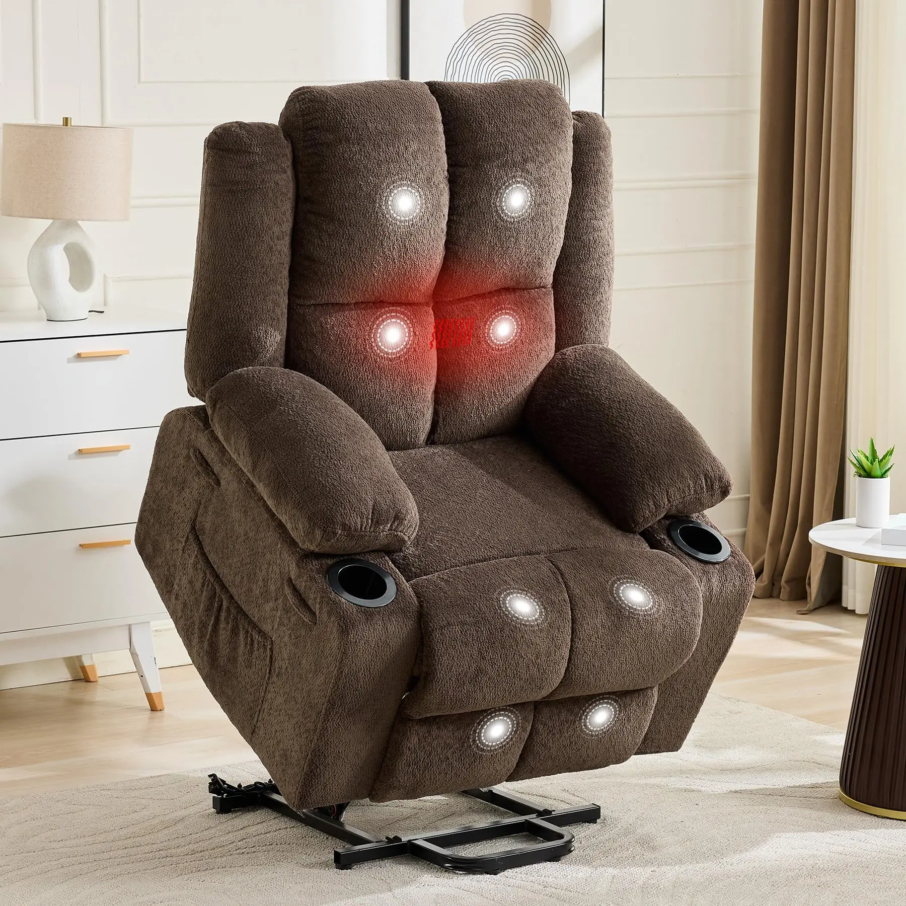 Garvee Oversized Power Lift Recliner Chair with Massage and Heat, Adjustable 155° Lay Flat Electric Recliner with Stand Assist and 2 Cup Holders, Brown, Ideal for Living Room Comfort