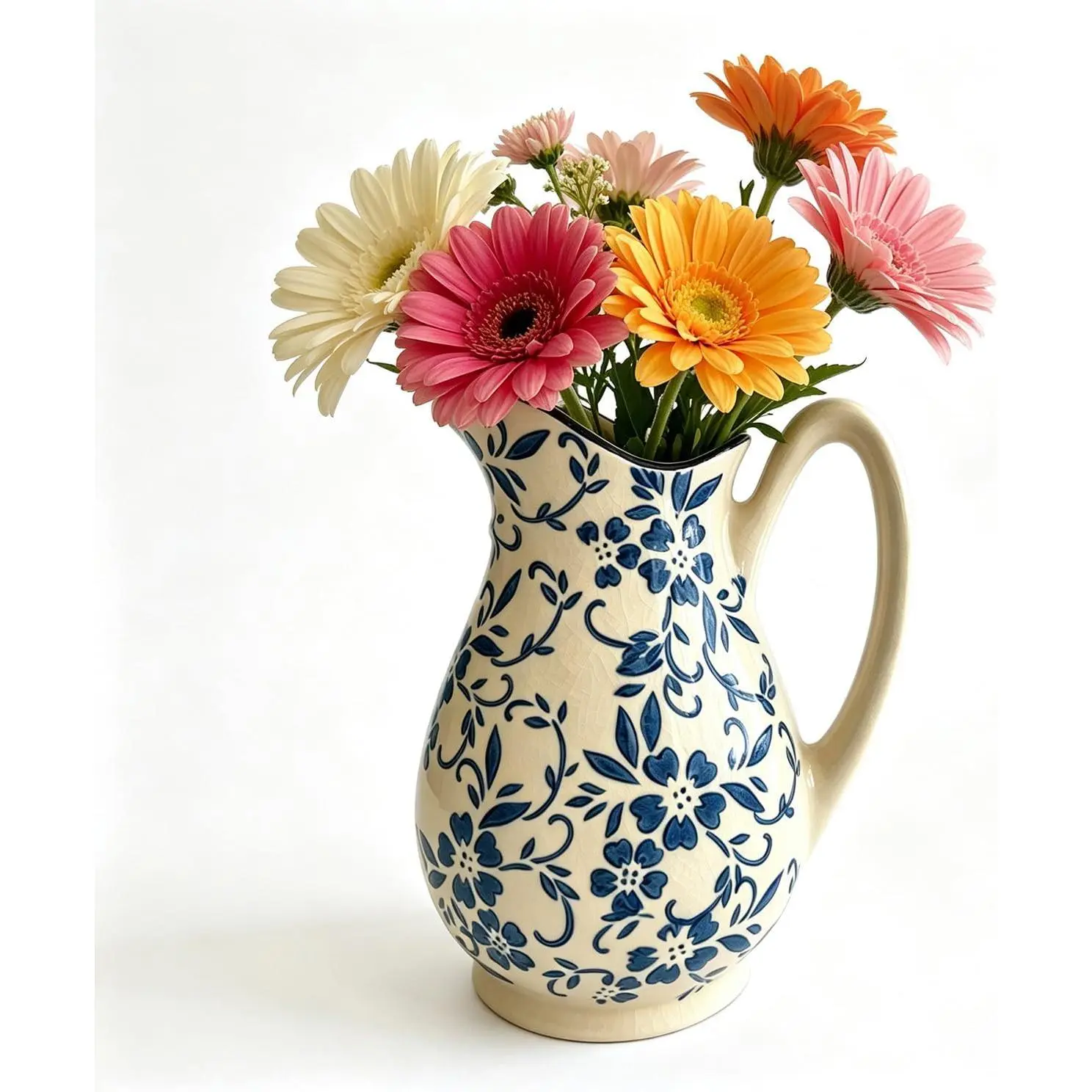 Ceramic Flower Vase with Handle for Home Decor, Rustic Table Vases Farmhouse Heavy Duty Ceramic Vases for Home Living Room Bedroom Office Table Kitchen Shelf Decor (Blue-01G)
