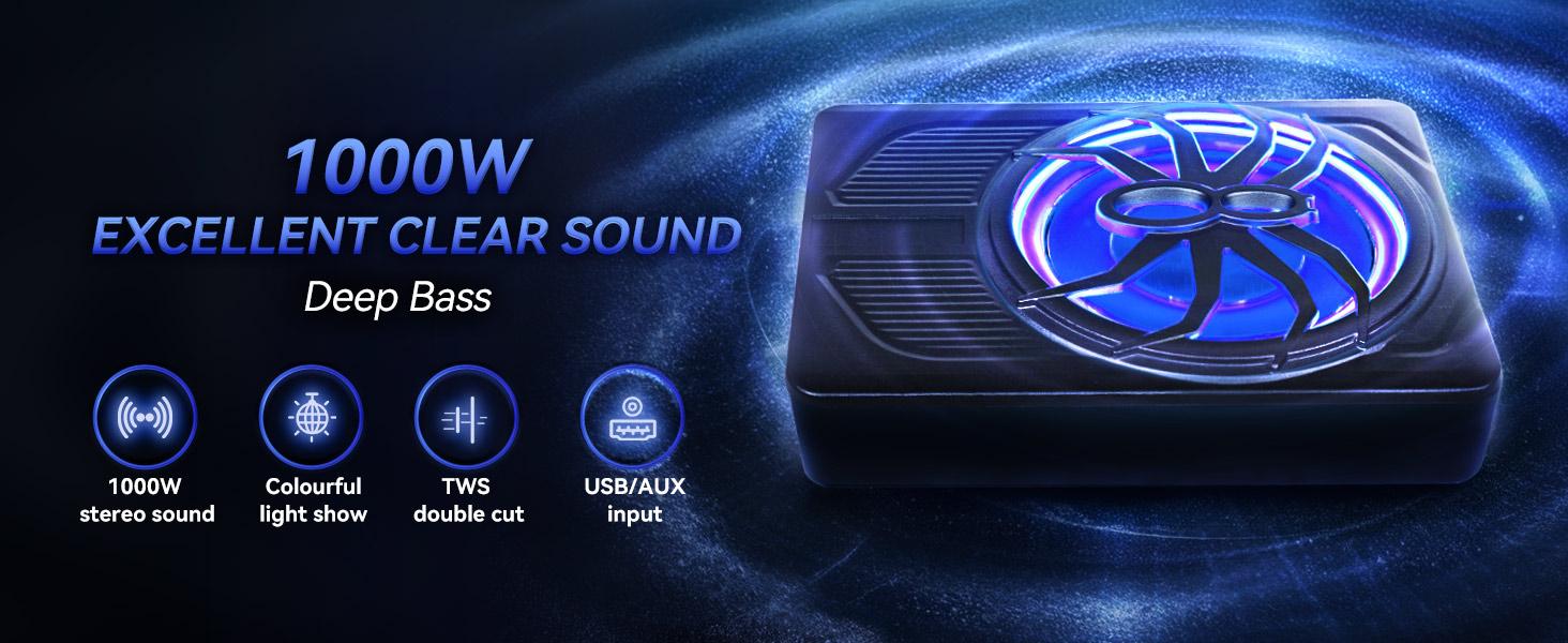 SUNDAY MIRTH Upgraded 10" 1200W Slim Under Seat PoweredCarSubwoofer1000WCar Subwooferwith APPControlandColour Light,10'' Slim UnderSeatPoweredCar Subwoofer w\/Built-in Amplifier & Hi\/Lo Input, Bass SpeakerSubwooferfor Car\/Truck\/SUV\/Jeep\/MPV homesound