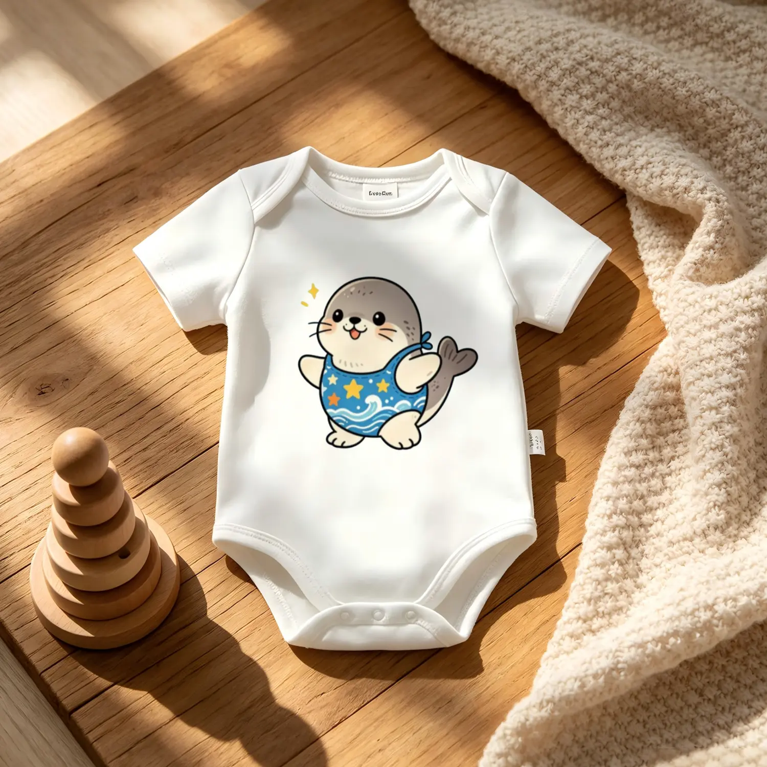 Cute Baby Seal Print Cotton Baby Onesie, Soft Short Sleeve Bodysuit for Summer Beach Day, Newborn Essentials and Baby Shower Gift
