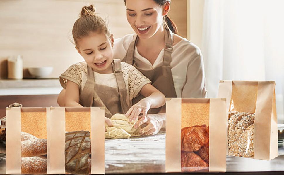 100 Pcs(13.7x8.2x3.5 in) Paper Bread Bags for Homemade Bread, Sourdough Bread Bags with Window, Sourdough Storage Bags for Bread Packaging includes 500 Cute Seal Stickers