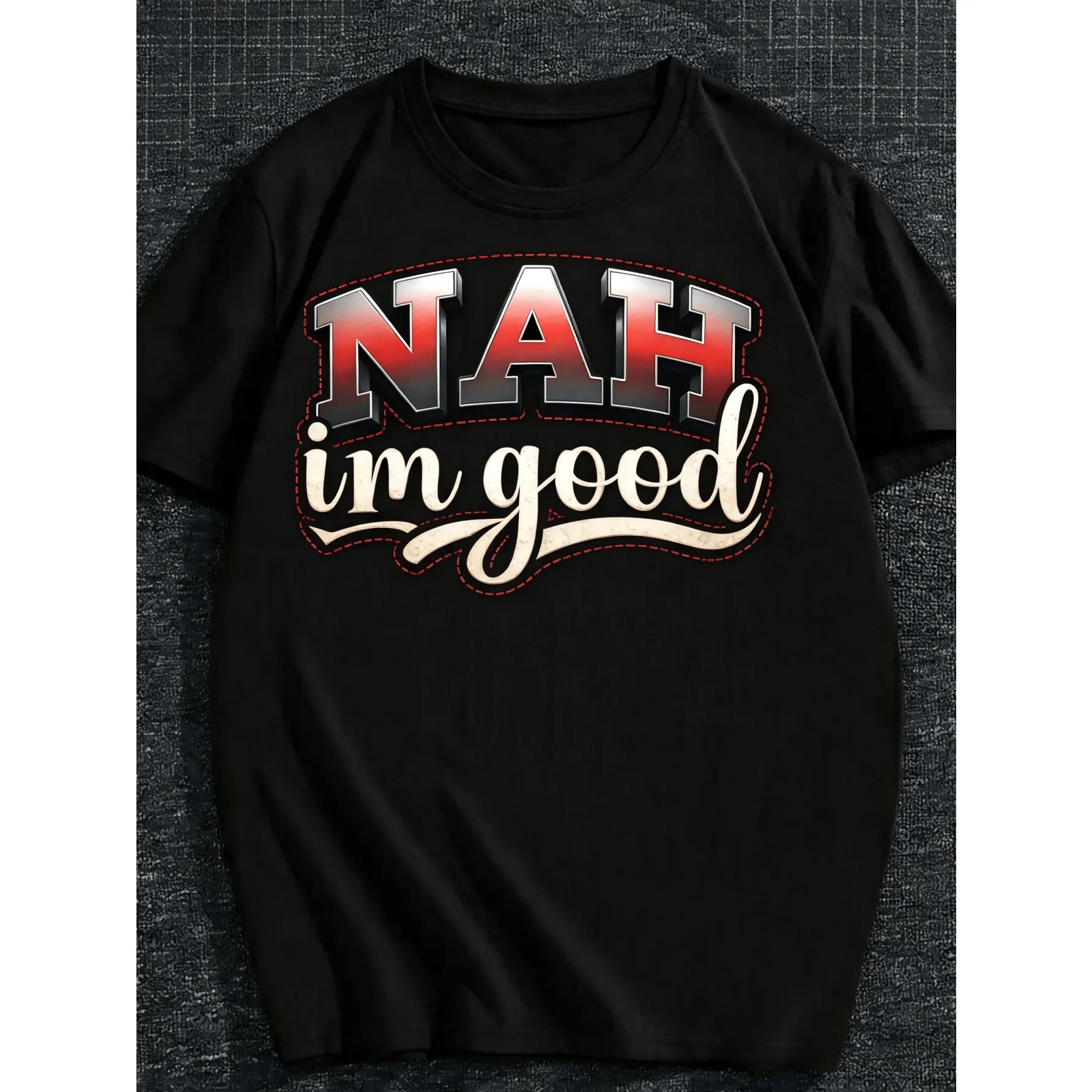 Men's Vintage 'NAH I'm Good' Red Lettering Short-Sleeve Cotton Fabric T-Shirt - Soft, Breathable Oversized Top, Plus Size Big & Tall Casual Gym Shirt, Shortsleeve, Knit, Menswear, Print, Round Neck, Stretch