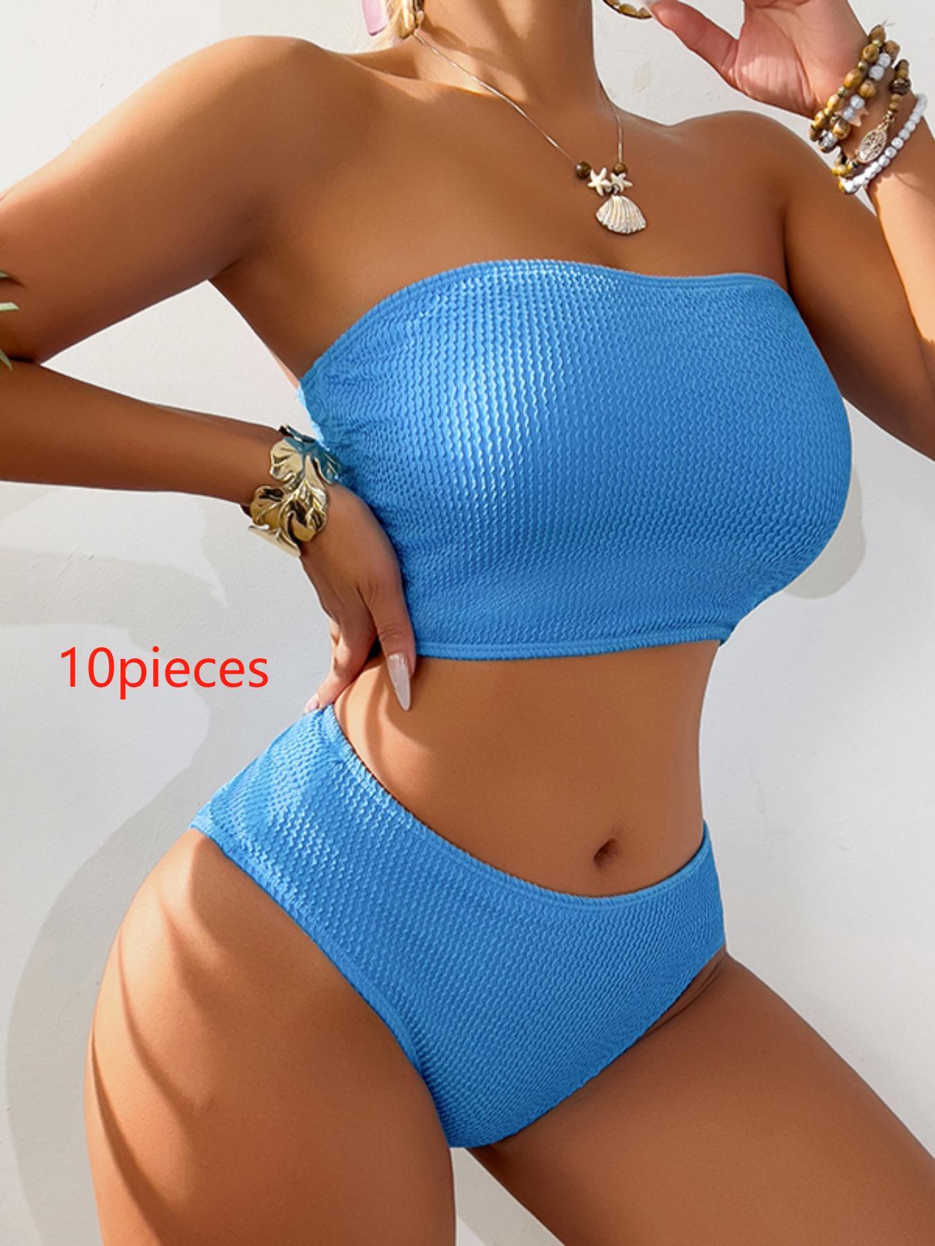 Women's Solid Textured Bikini Set, Ruched Bikini Set, Casual Swim Bra & Swim Panty Swimsuit for Beach Holiday Vacation, Bikini Top Trunks Combo, Bandeau Bathing Suit