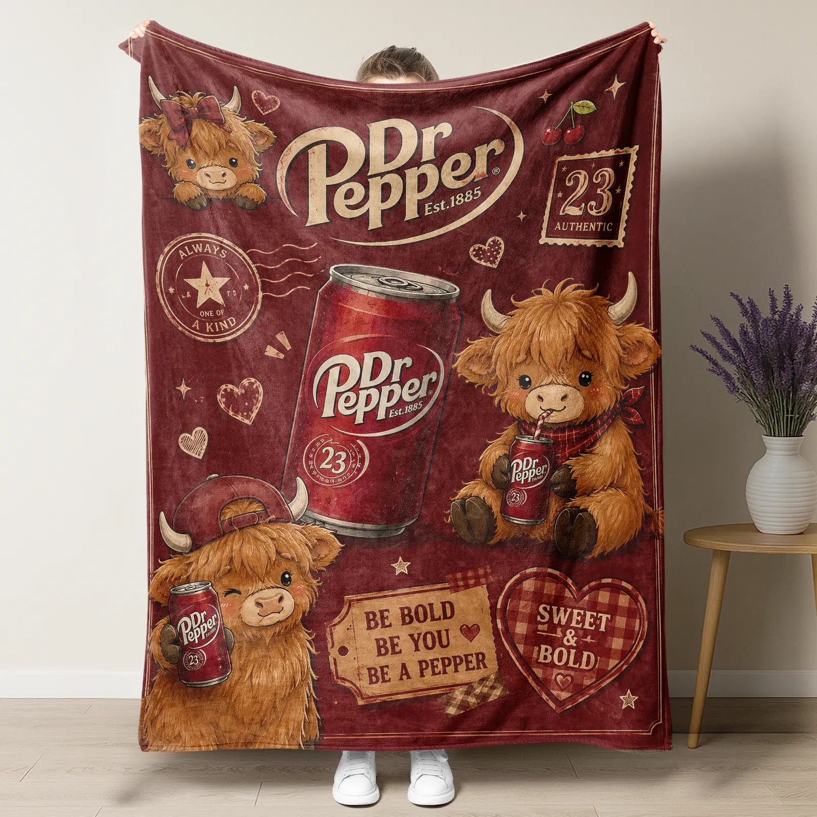 Burgundy Vintage Highland Cow Print Dr Pepper Throw Blanket - 100% Polyester Soft Touch Dark Red Coquette Flannel Nap Blanket, Cherry Stamp Country Decor Gift for Cow & Dr Pepper Lovers, Indoor/Outdoor Living Room Use