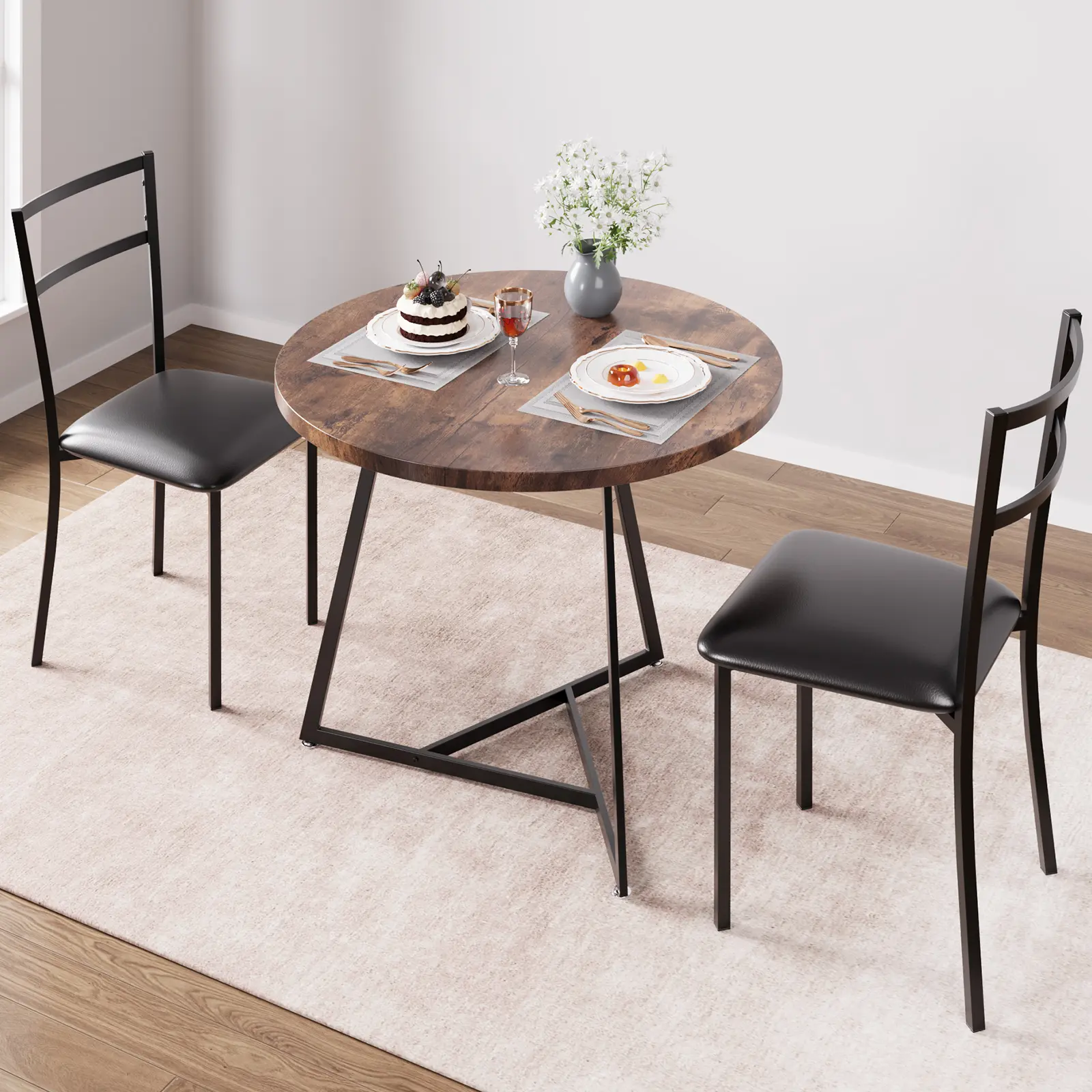 3-Piece Space-Saving Dining Table Set for 2 – Round Kitchen Table and 2 Upholstered PU Padded Chairs – Compact for Small Space, Coffee Nook, Apartment