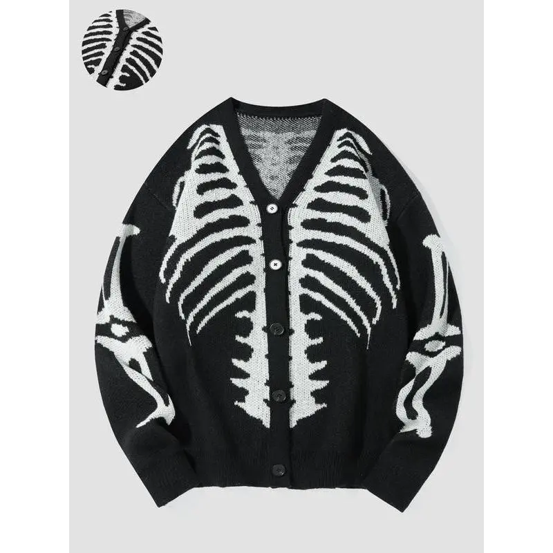 Halloween Outfit Ideas, Men's Halloween Skeleton Print Button Front Cardigan, Regular Fit Casual Drop Shoulder Long Sleeve V Neck Knitwear for Fall & Winter, Men's Knit Clothing for Daily Wear,Halloween Costumes