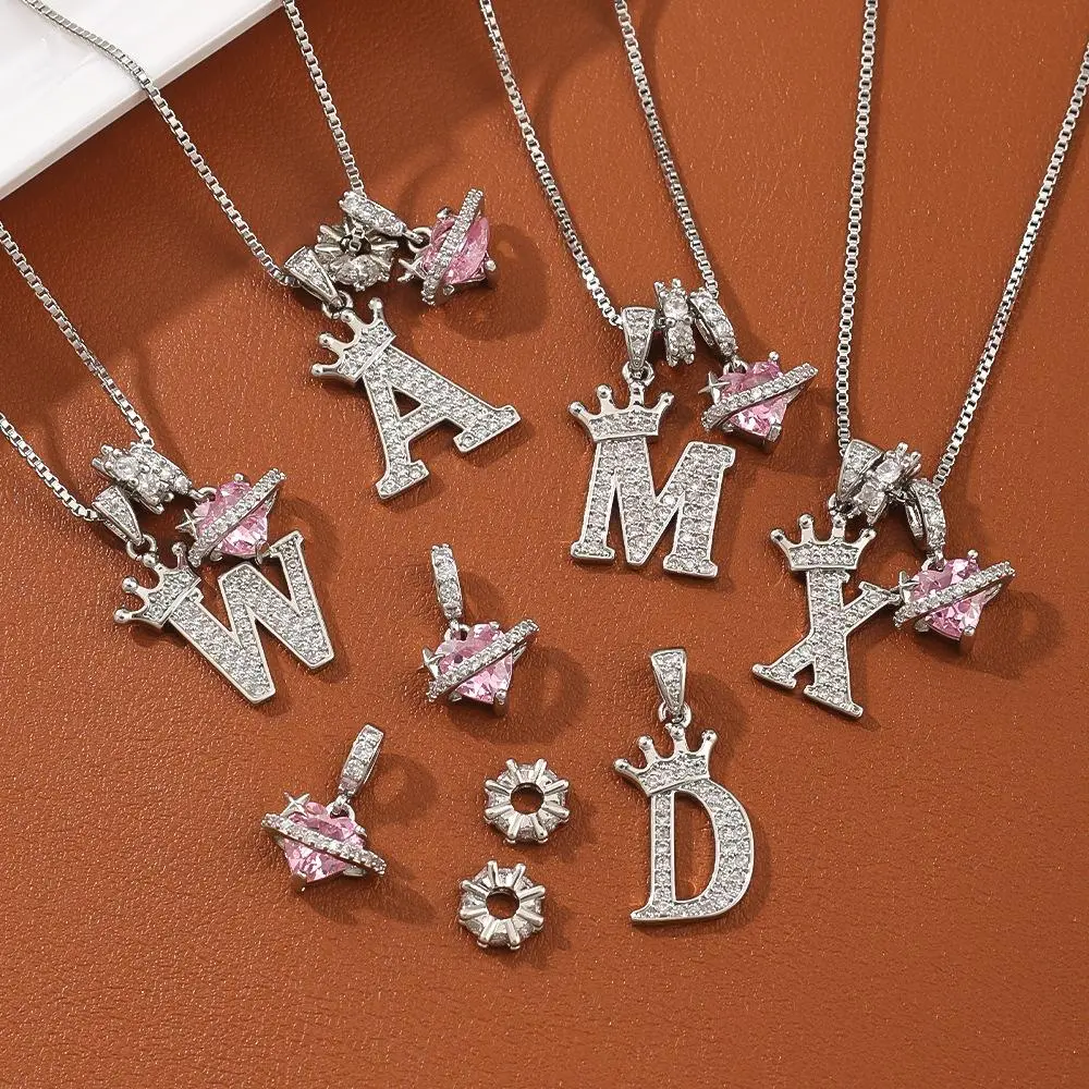 Silver Plated A-Z Letters Necklace Exquisite Crown Initial Heart Pendant, Personalized Pink Heart Shiny Cubic Zirconia Pendant Alphabet Name Jewelry Holiday Gift Party Birthday Wedding Engagement Anniversary Jewelry