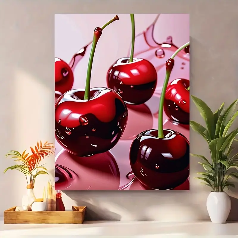 Cherry Canvas Wall Art - Bright Red Cherries, Modern Minimalist Decoration, Suitable for Home, Office, Cafe, and Hotel - Detailed Artwork, Wall Art Decoration