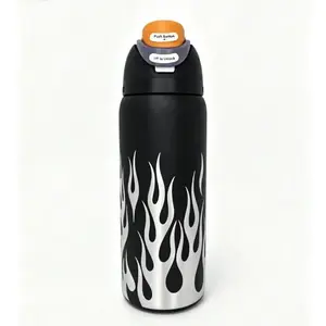 Owala 32oz Stylish Silver Printed Flame Stainless Steel Water Bottle - Leak-Proof, Wide Mouth, 24H Cold-Retaining Vacuum Insulated Travel Drinkware - Portable Summervibes Juice Flask