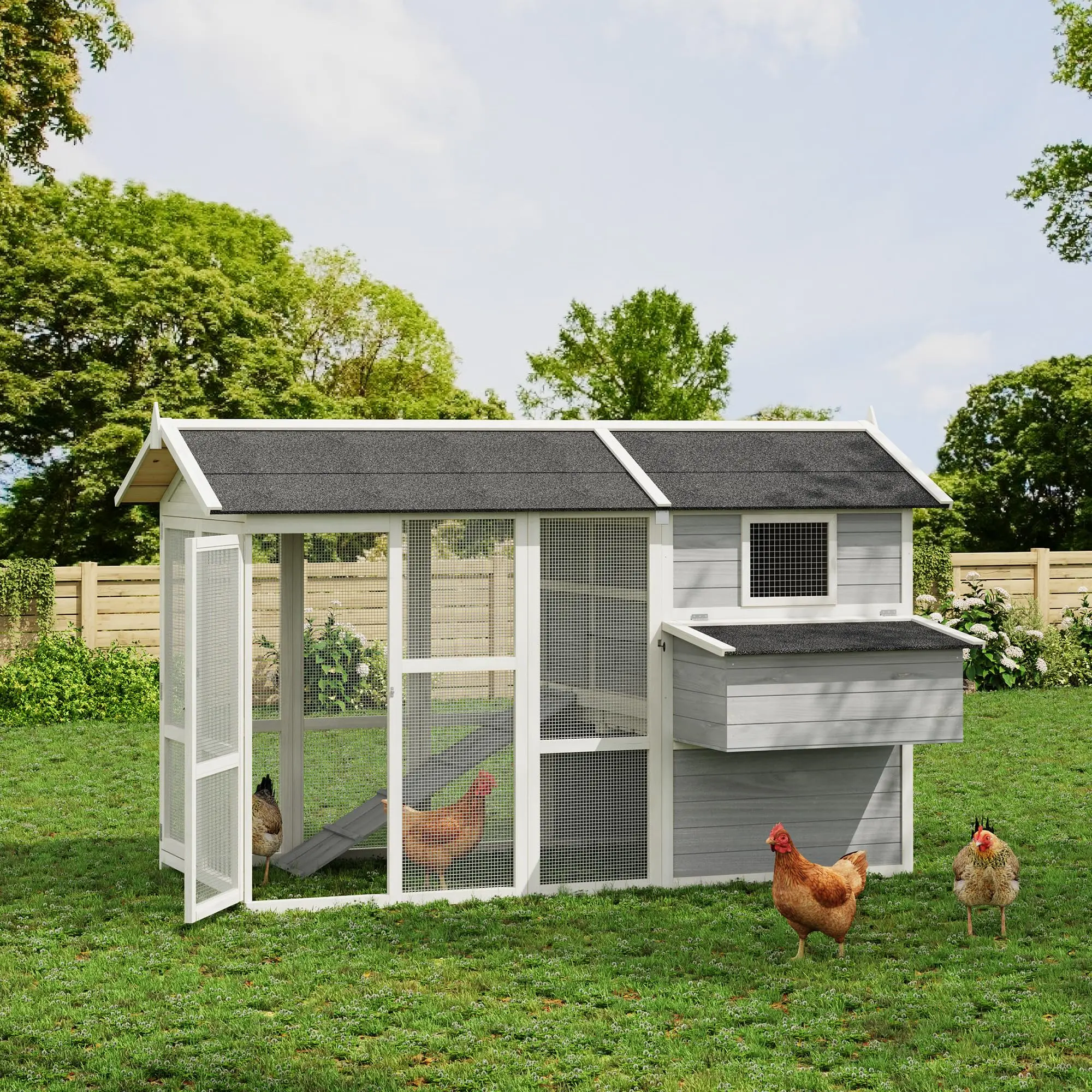 Large Wooden Chicken Coop Hen House for 4-6 Chickens, Poultry Cage with Run, Ramp, Nesting Box, Wire Fence, Waterproof Asphalt Roof (80" x 35" x 54")