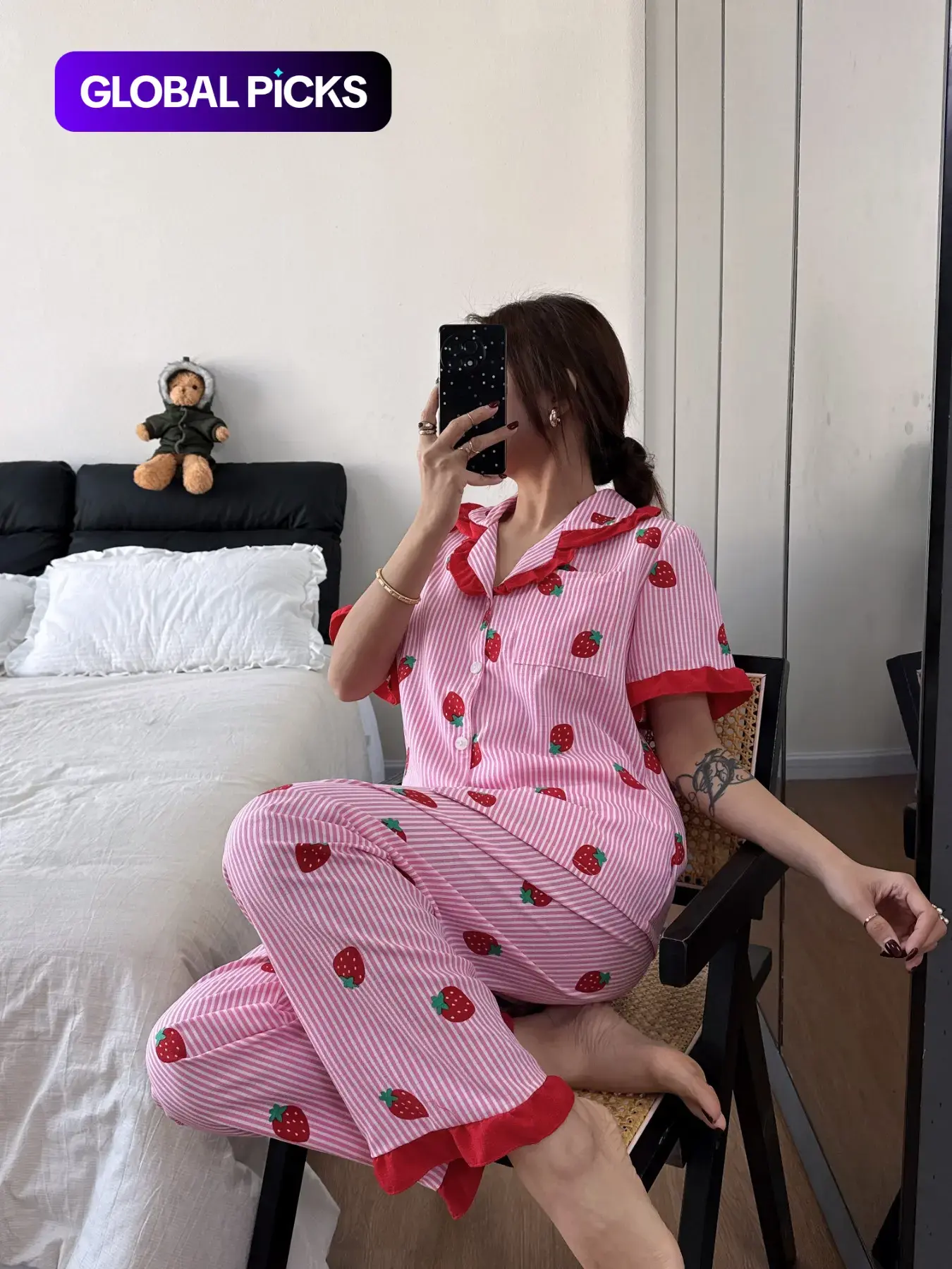 Valentine's Day Women's Sleepwear Pajama Set, Loungewear, Floral Print Ruffle Short Sleeve Long Pants, Casual Home Wear, Soft Button Up Top & Elastic Waist Pant
