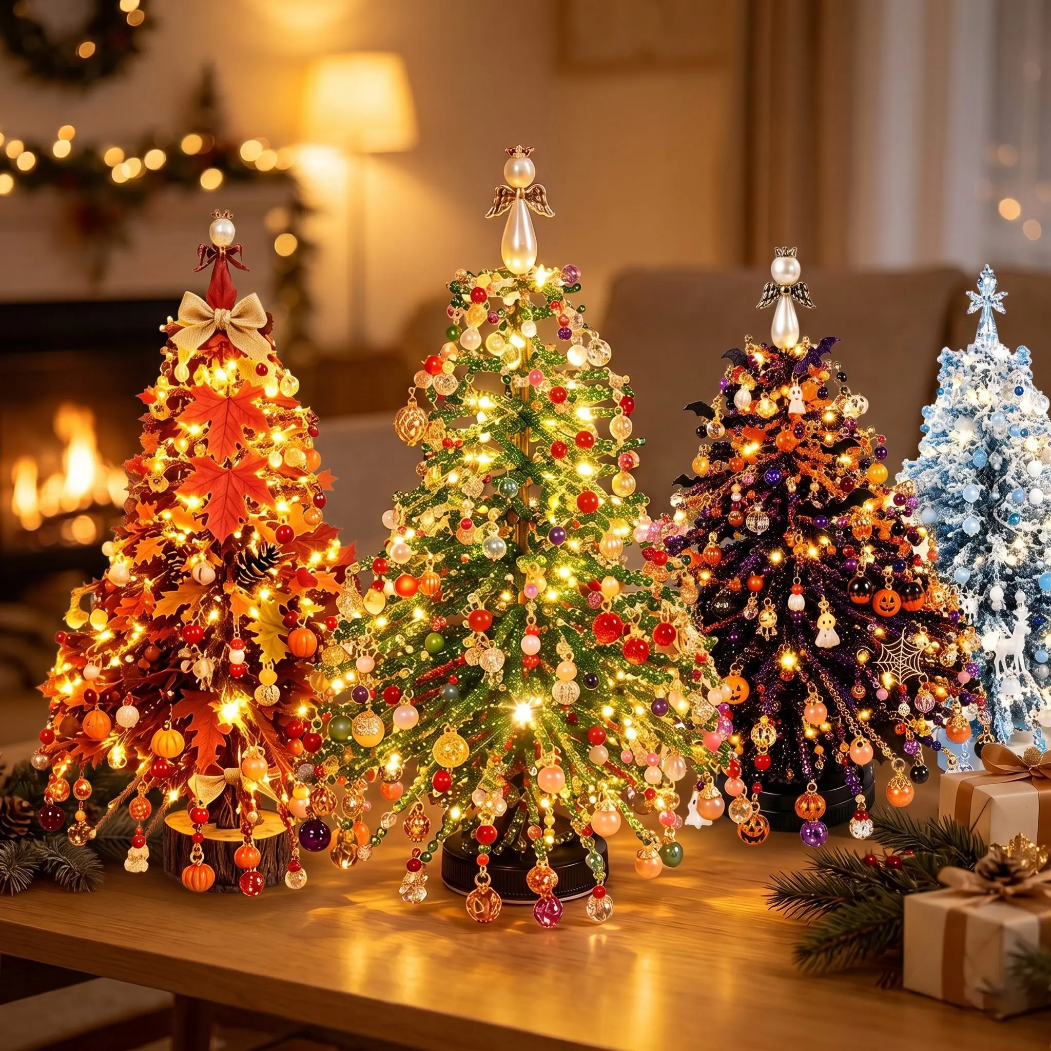 DIY Beaded Christmas Tree Kit, Holiday Craft Set for Adults | Colorful Beads, Ornament Charms, Metal Frame, Angel Topper, Warm Glow Display, Tabletop Decor, Relaxing Project, Holiday Gift
