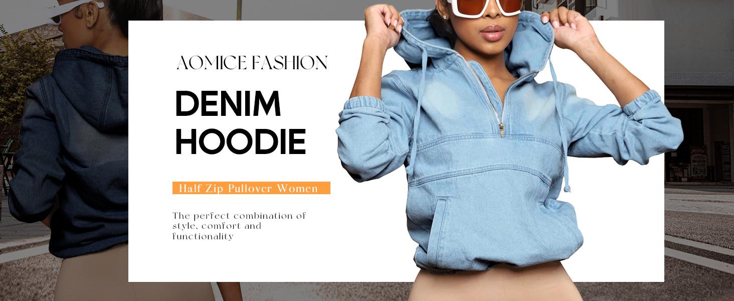 2026 Women's Half Zip Denim Hoodie Pullover Jackets Jean Tops
