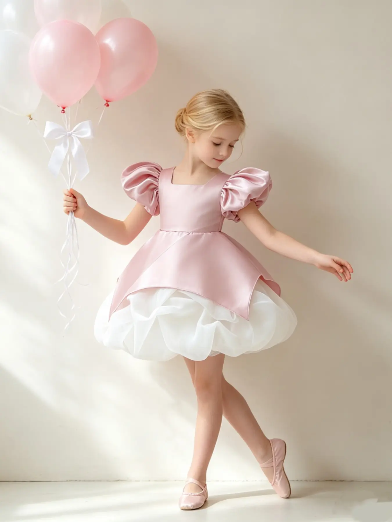 Girls' tulle princess dress birthday party dress piano emcee performance costume puff sleeve dress
