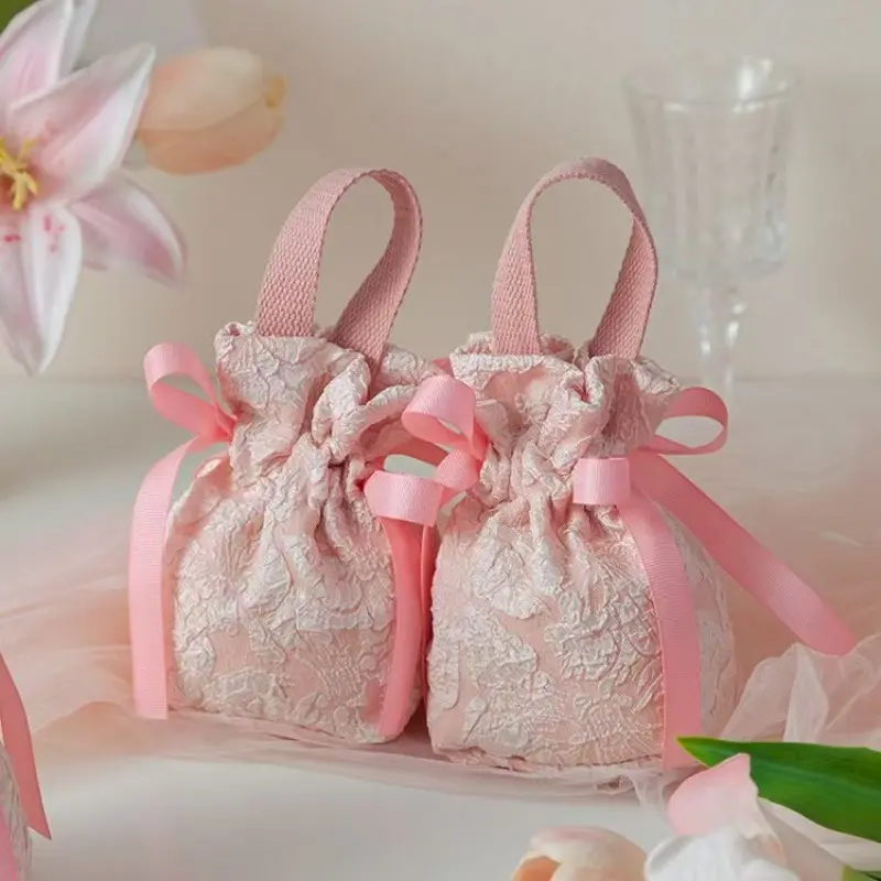 3 Piece Mini Gift Bags with Pearl Decor, Soft Floral Bow Handle, Ideal for Birthday, Wedding, Baby Shower, Holiday Gifts, Tea Party Souvenirs