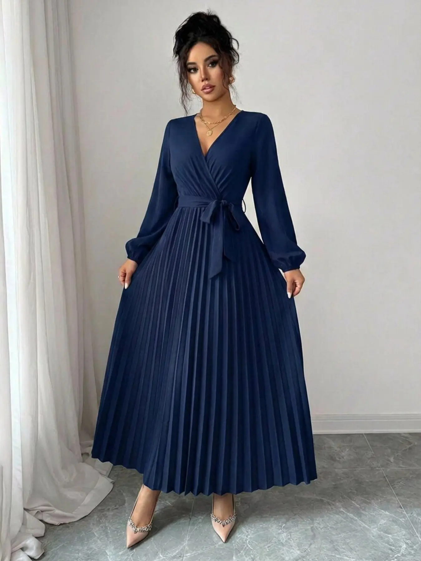 Spring Autumn V Neck Tie Waist Wedding Bridesmaid Dress, Elegant Chic Midi Pleated Solid Long Sleeve Dress, Formal Occasion Gown
