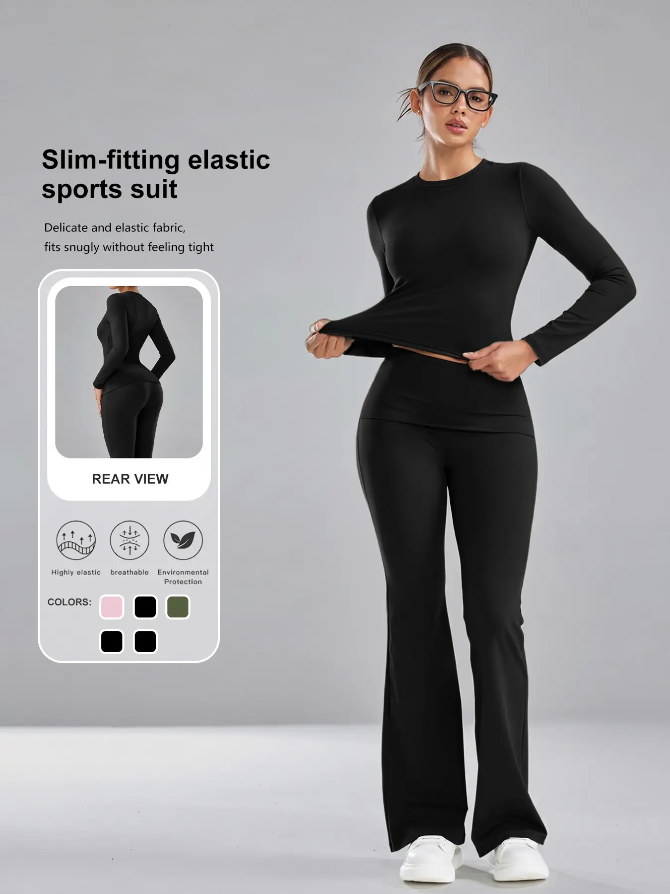 Solid Color 2-Piece Set, Round Neck Long Sleeve Top + High Waist Flare Yoga Pants, 、fold over waist flared leggings，Slimming, Natural Butt Lifting, Minimalist Sportswear，#PilatesOutfit
