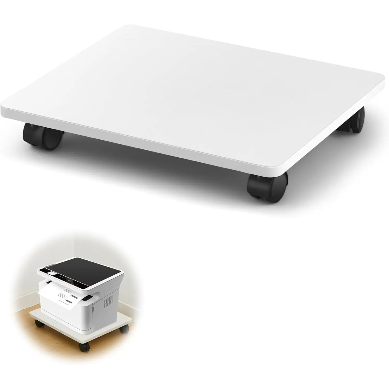 1 Pcs Office Under Desk Printer Stand with 4 Caster Wheels 13.8 x 11.8 Inches White Movable Printer Copier Shelf CPU Holder for Home Office Heavy Duty Storage Rack Scanner Fax Machine