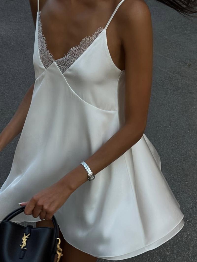 Women's Lace Trim Double Cami Dress, Solid Color Sleeveless Dress for Party Club Dating Wear, Ladies Clothes for Summer