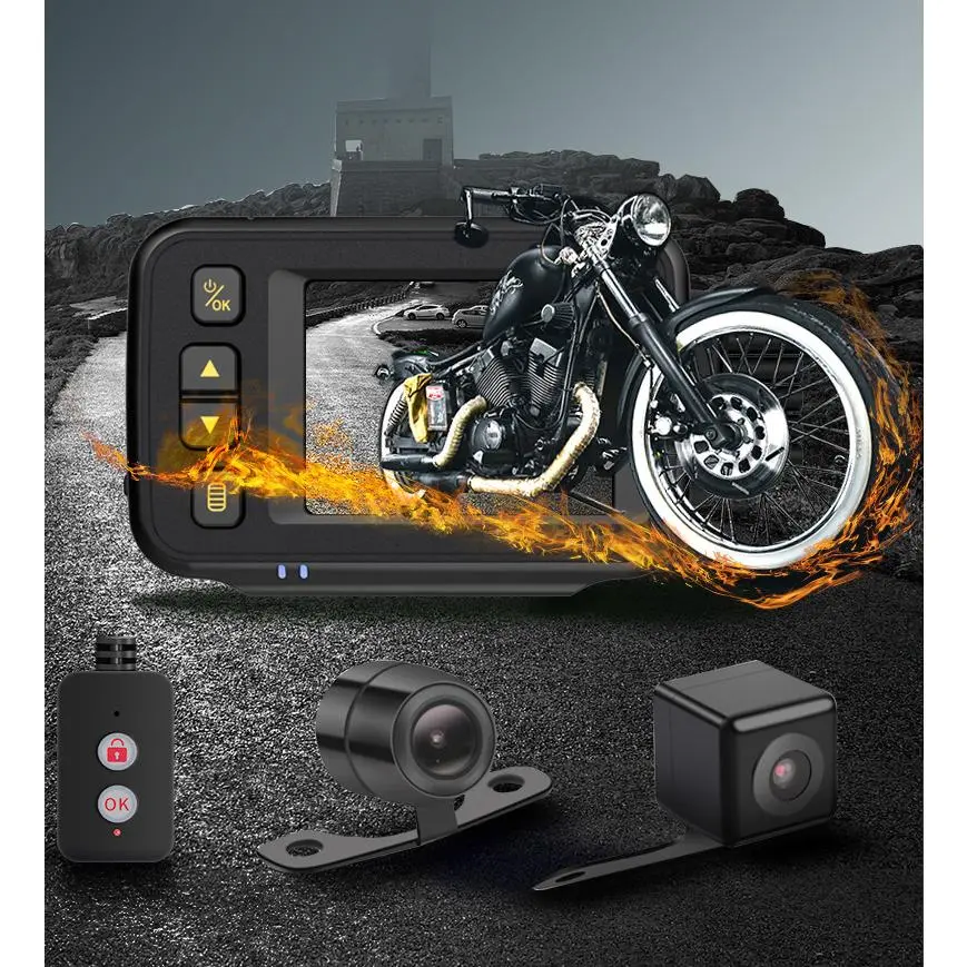 Motorcycle Front Rear Dual Cameras DVR System, 1080P HD Recording, 2.0" IPS Screen, IP67 Rated Waterproof, Loop Recording, Rain Riding Compatible, Split View