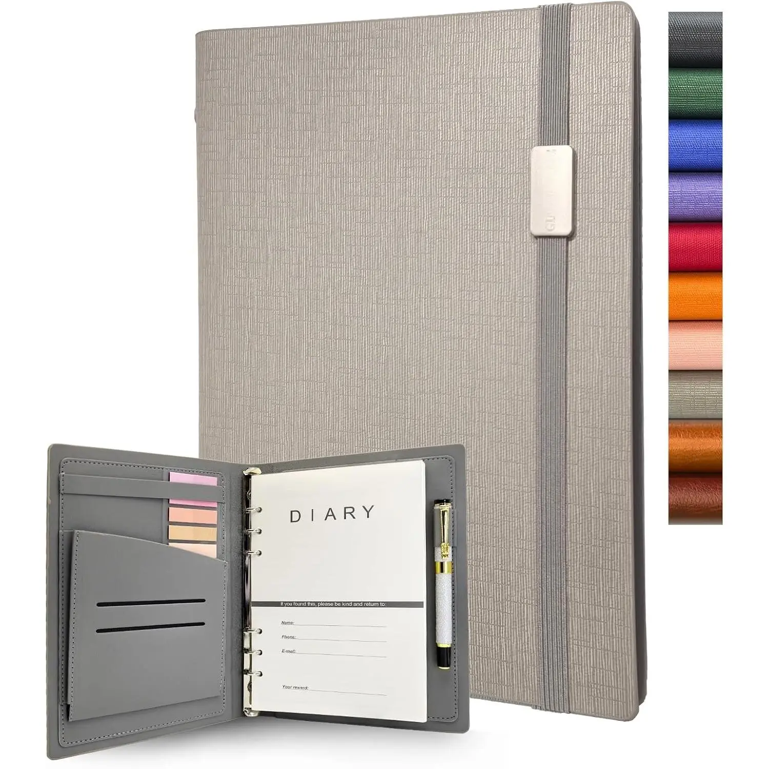 A5 Refillable 6-Ring Binder Notebook - Elegant Hardcover, 160 Pages of 100G Thick Paper, Pen Loop, Pockets - Ideal for School/Work (Gray)