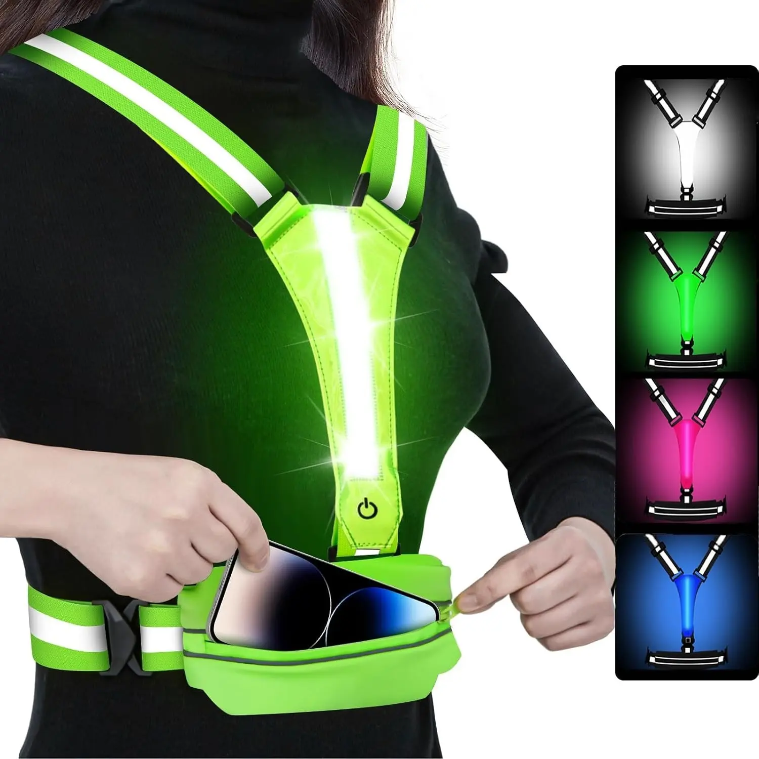 LED Reflective Light Up Safety Running Vest for Biking Walking at Night, High Visible Adjustable Running Light for Runners Rechargeable with Pouch, Reflective Running Belt Gear for Men WomenGift
