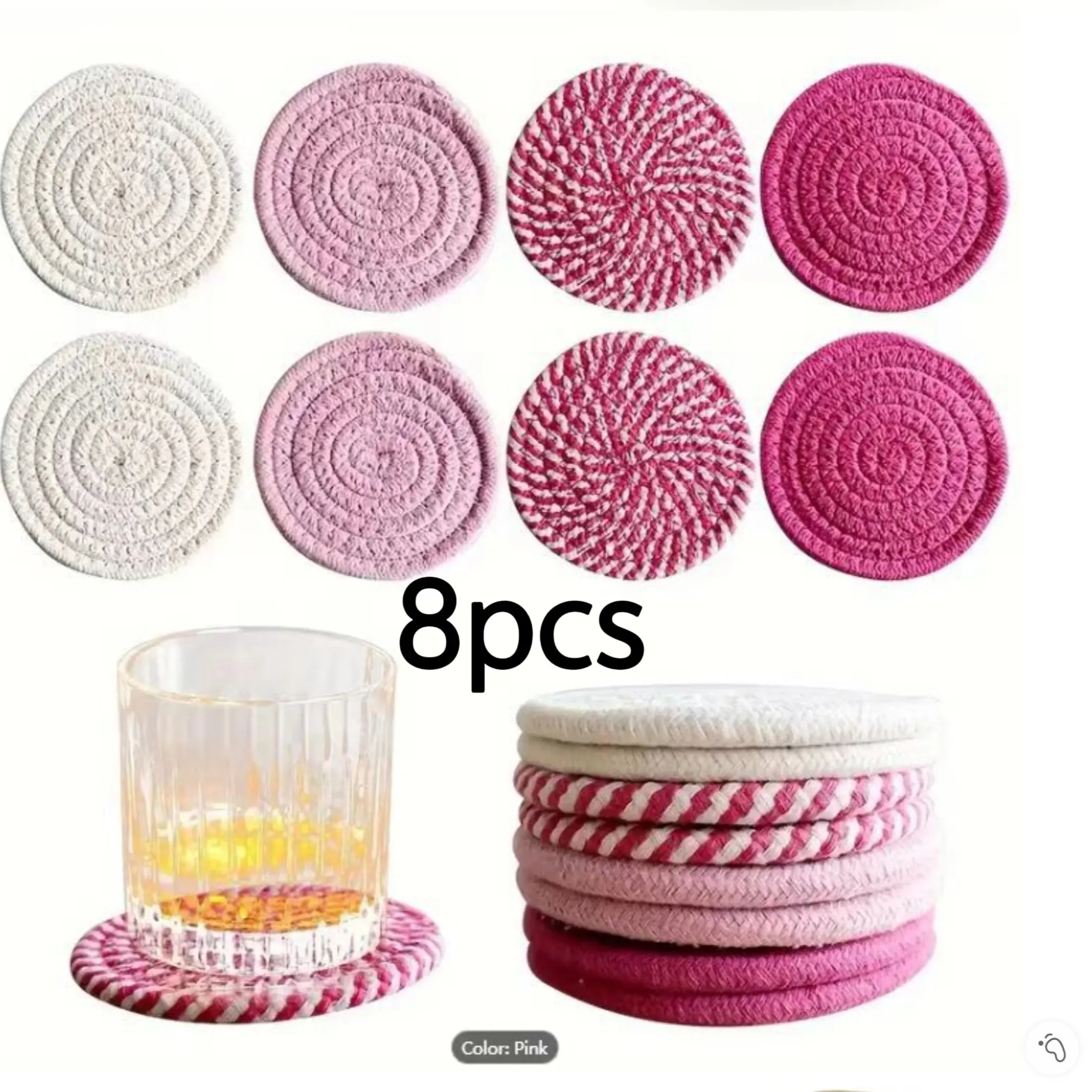 8pcs Cotton Rope Cup Coaster Set, Cream, 11cm Standard Size, Style, Heat and Water Stain Resistant, Ideal for Desk and Tabletop