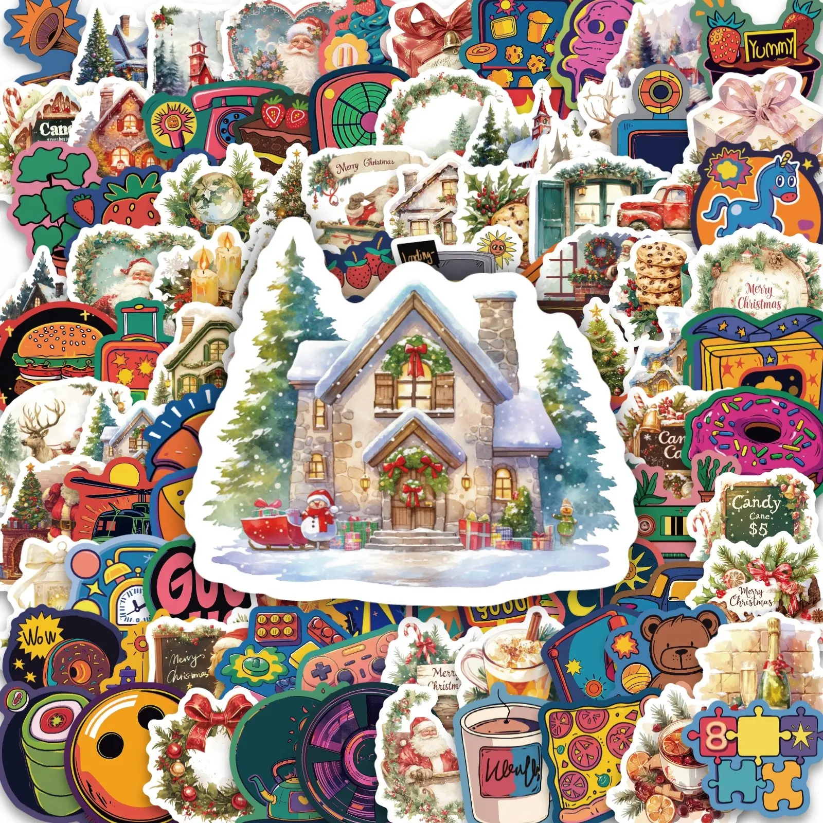 100pcs Christmas Theme Waterproof PP Stickers, DIY Cartoon Decals for Phone Cases, Cups, Laptops, Gift Wrapping, Home Decor
