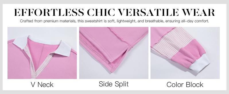 Imily Bela Womens Color Block Oversized Sweatshirt V Neck Long Sleeve Casual Loose Pullover Tops