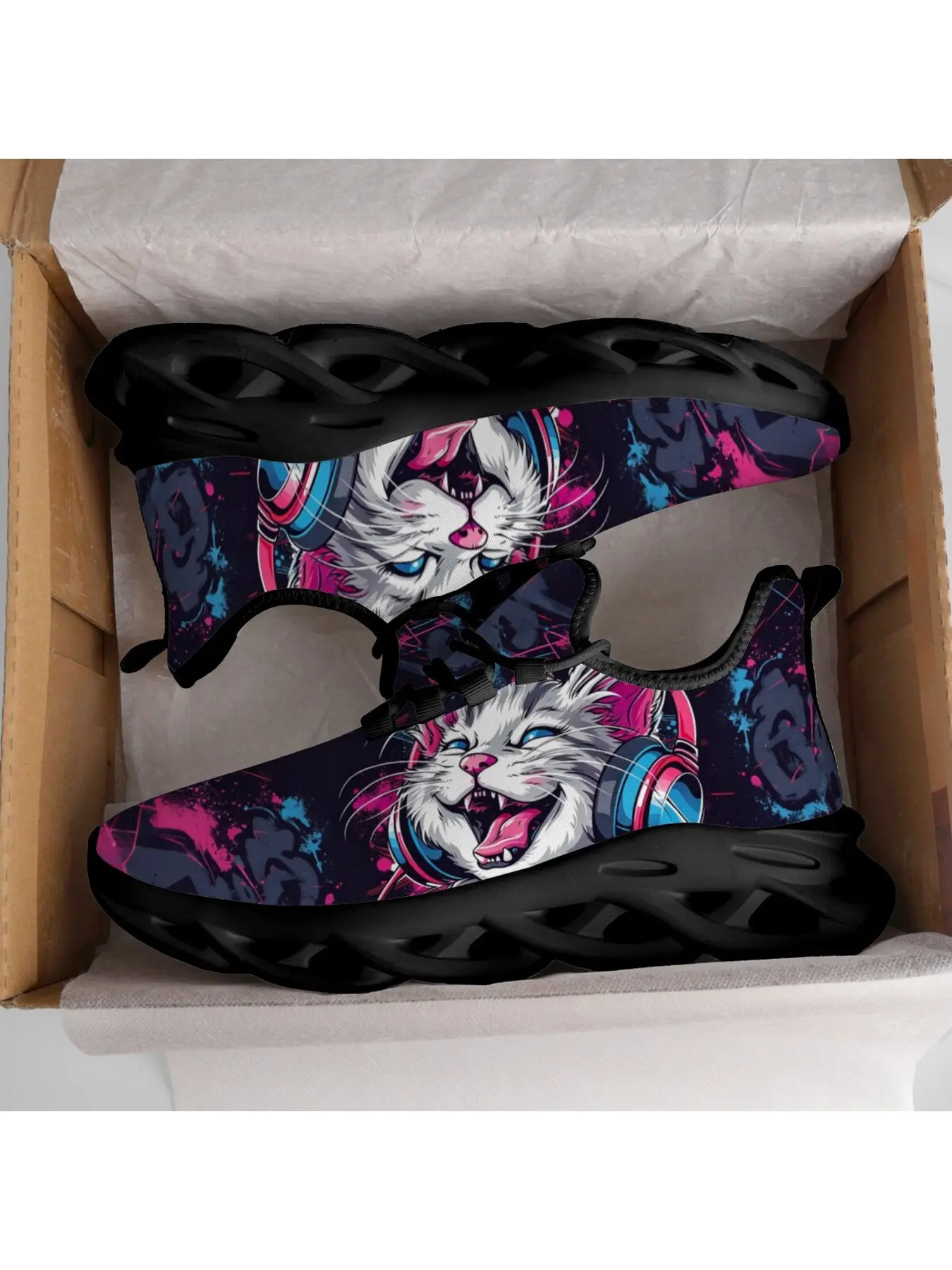 Dark Background Cool Cat Wearing Headphones Art Print Athletic Running Shoes For Man Woman Lightweight Breathable Lace Up Casual Walking Footwear For Cat Lovers Versatile For Daily Outings