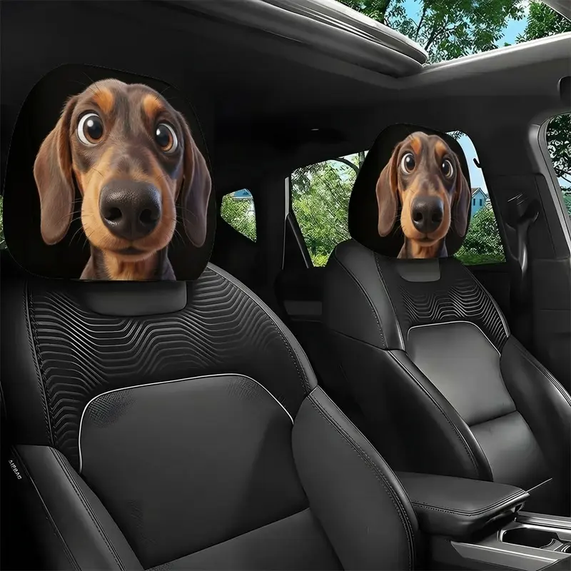 2pcs of Cute Pet Dog Big-eyed Dachshund Printed Car Headrest Covers, Without Filling Material. Easy to Install and Clean. Suitable for All Seasons and Can Be Used for Travel or Daily Commuting. Perfect for Giving to Relatives and Friends.