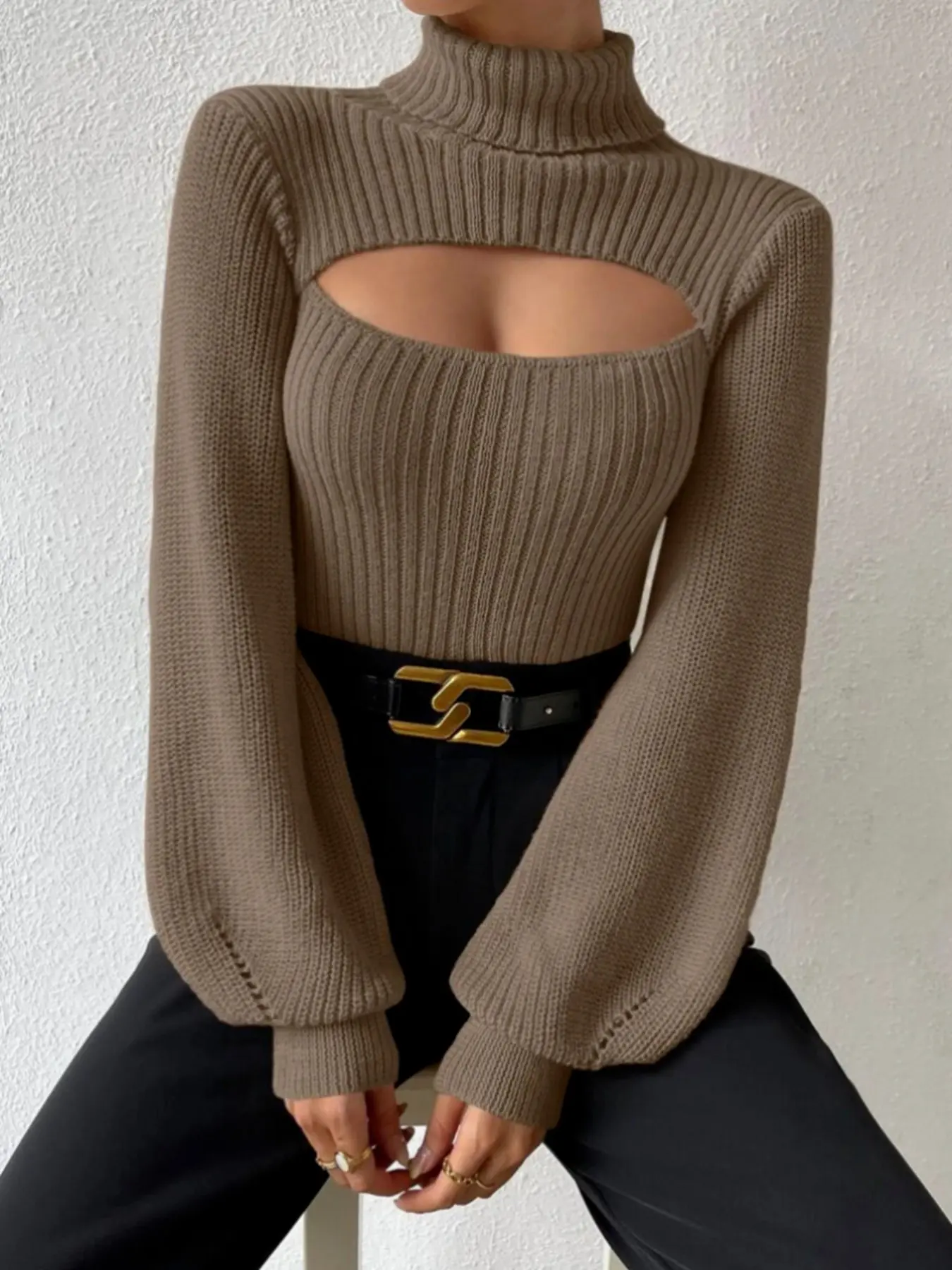 Women's Plain Cut Out Turtleneck Sweater, Elegant Fashion Casual Long Sleeve Jumper for Daily Outdoor Wear, Women Knitwear for   Spring & Fall
