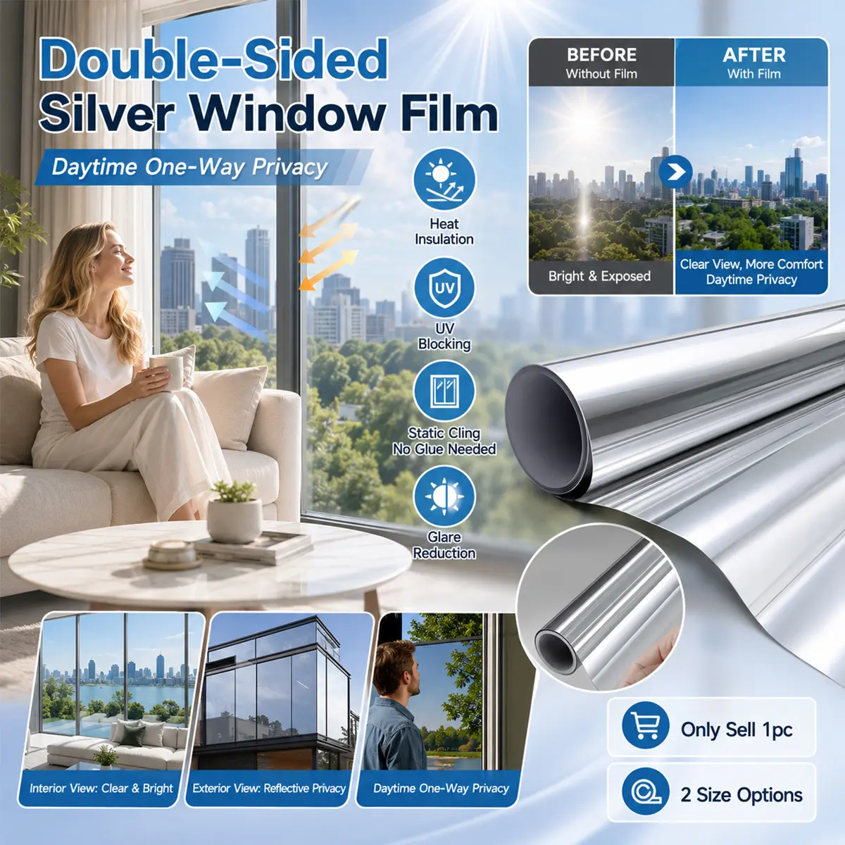 5M Double-Sided Silver One Way Window Privacy Film, Static Cling No Glue Heat Control Sun Blocking UV Protection Anti Glare Glass Tint, Daytime Mirror Window Cover for Home Office Bathroom Living Room Balcony Glass Doors