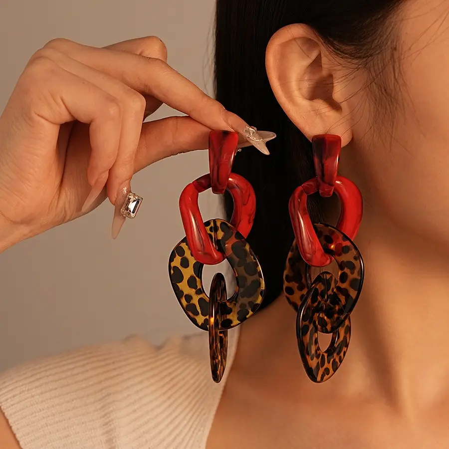 Statement Earrings for Women Trendy Acrylic Leopard Print Earrings Geometric Interlocking Design Silver Stud Earrings Unique Fashion Jewelry Lightweight Eye Catching Animal Print Earrings for Daily Wear Party Outfit Gift for Her