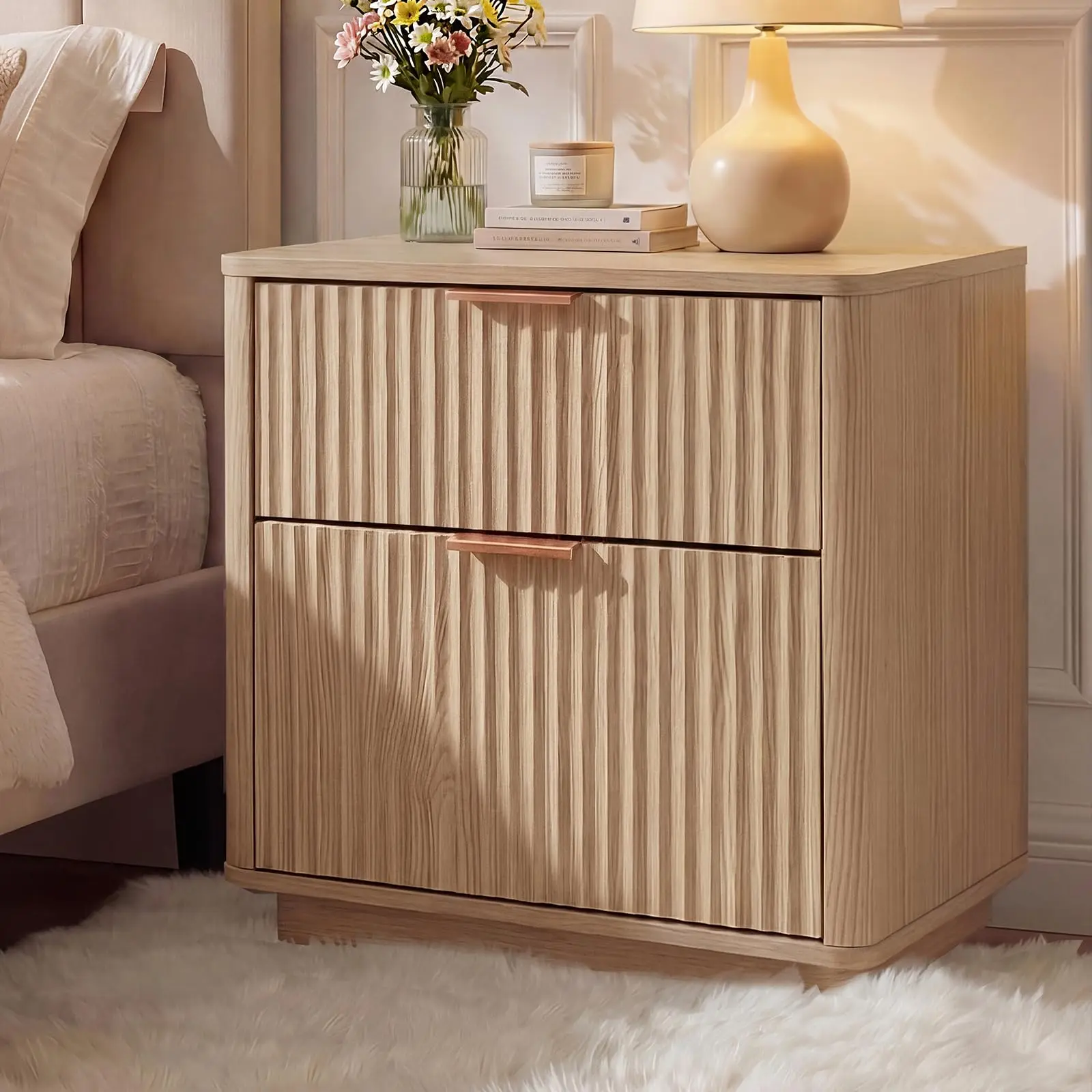 Fluted Wood Bedside Table – 2 Drawers, Curved Design, Metal Handle, Built-in Charging Station, Mid Century Bedside Table