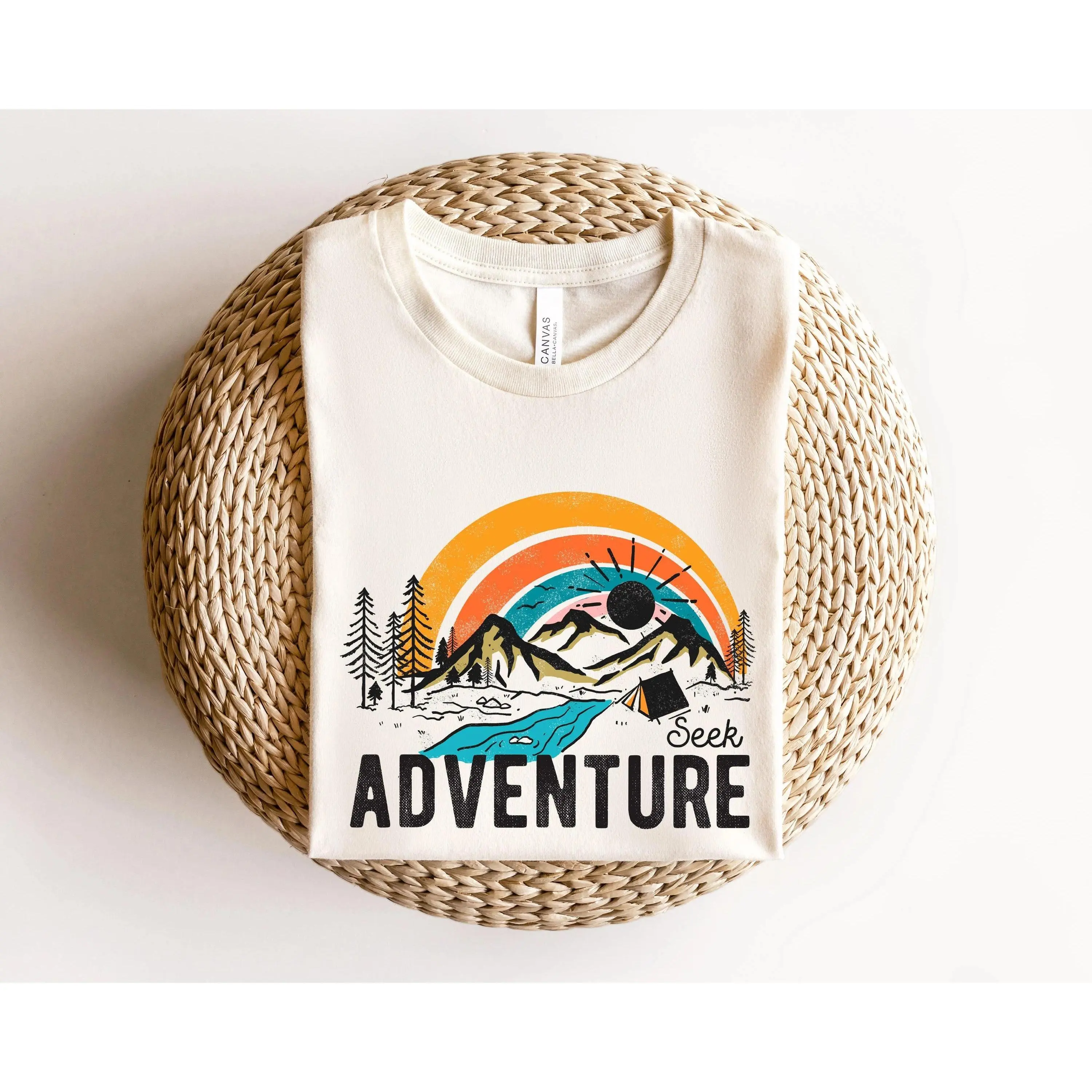 Seek Adventure Camping Graphic Tee Clean Finish Heavyweight Premium Cotton Tshirt Front Print Outdoor Nature Top Women Short Sleeve Crewneck Top Trending Streetwear Viral Outfit Best Gift Men Loose Casual Top