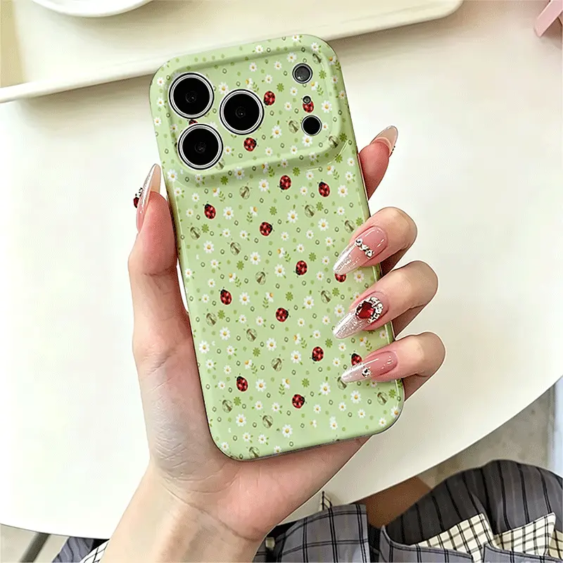 Green Ladybug Daisy Tough Protective Phone Case - Cute Mini Floral Insect Ditsy Pattern, Strong Lens Protection, Multi-Model iPhone Series Accessory, Fresh Spring Cottagecore Gift for Her (Fits iPhone 11/12/13/14/15/16/17 Pro, Pro Max, Plus, Air)