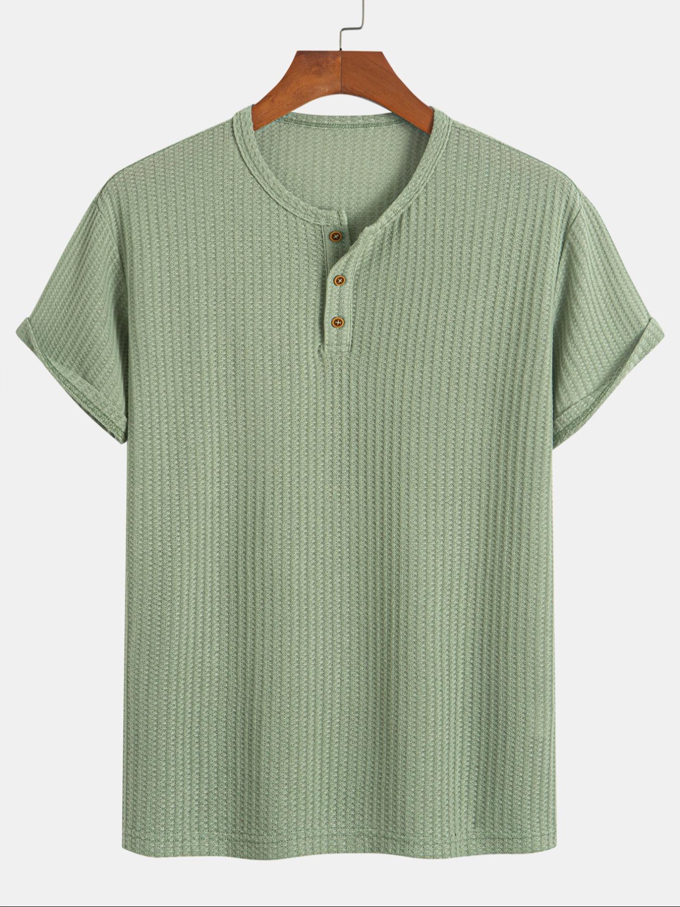 Men's Solid Knit Henley Curved Hem Tee, Regular Fit Casual Short Sleeve T-shirt for Summer, Men's Top for Daily Wear