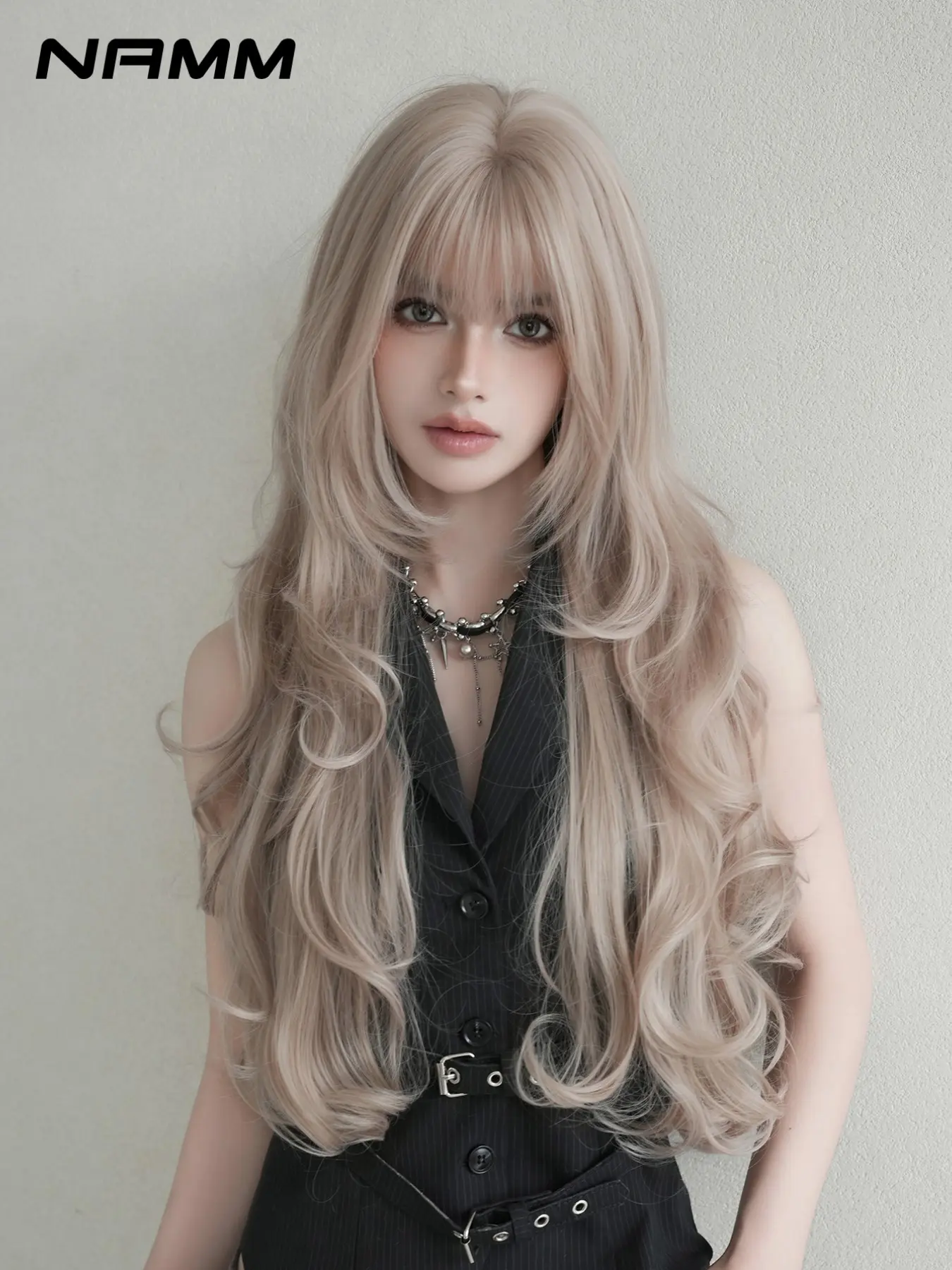 28-Inch Elegant Layered Wave Wig with Bangs, Long Hair Wig, Heat-Resistant Synthetic Full Lace Curly Hair Wig, Ideal for Daily and School Use