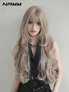 28-Inch Elegant Layered Wave Wig with Bangs, Heat-Resistant Synthetic Full Lace Curly Hair Wig, Ideal for Daily and School Use