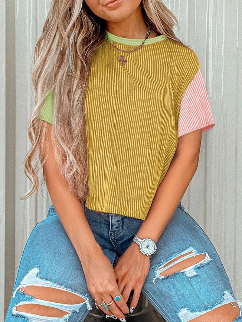 Women's Colorblock Striped Print Tee, Casual Short Sleeve Round Neck T-shirt for Summer, Ladies Clothes for Daily Wear, Cute Tops