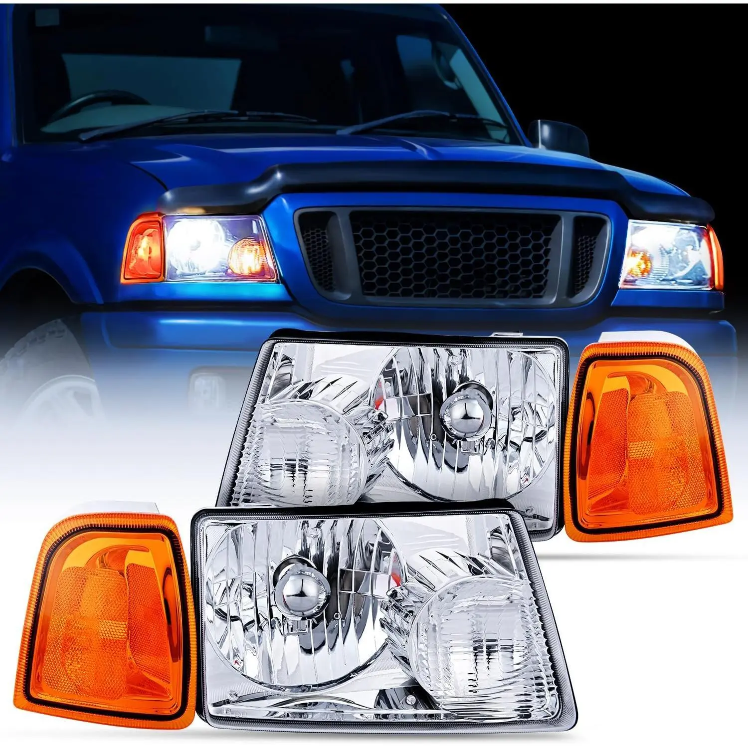 Nilight 1-Pair Waterproof Fog-Free Leakproof Shockproof UV-Resistant Headlight Assembly for 2001-2011 Ford Ranger, Plug-In Easy-Install Chrome Housing Amber Reflector Car Replacement Headlamp, Trucks Accessories Semi Truck Parts