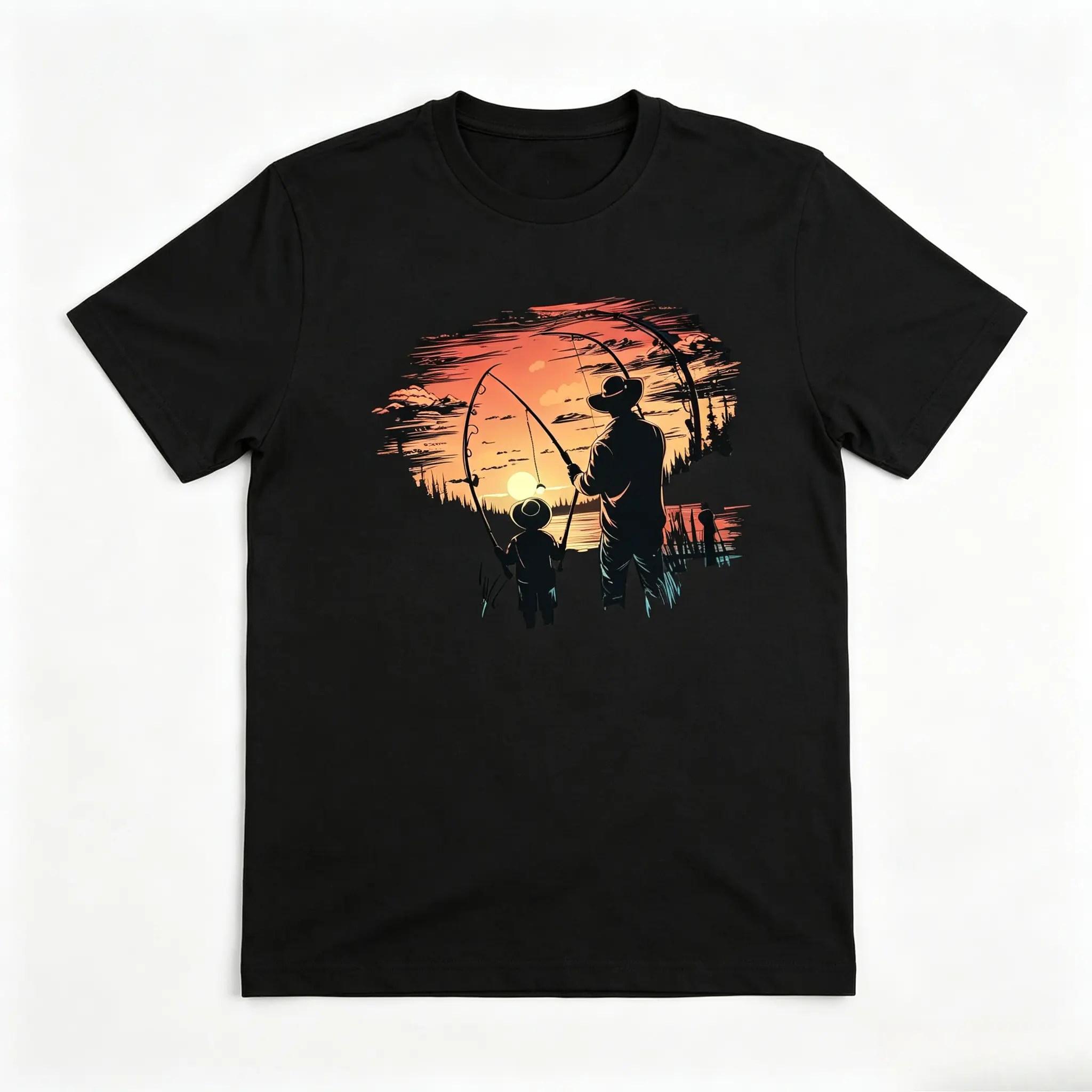 Father Son Fishing Sunset Graphic Oversized Comfort Cotton T‑Shirt, Fashion Fisherman Outfit, Perfect Holiday Gift for Him Her, Great Present for Family Friends Lover