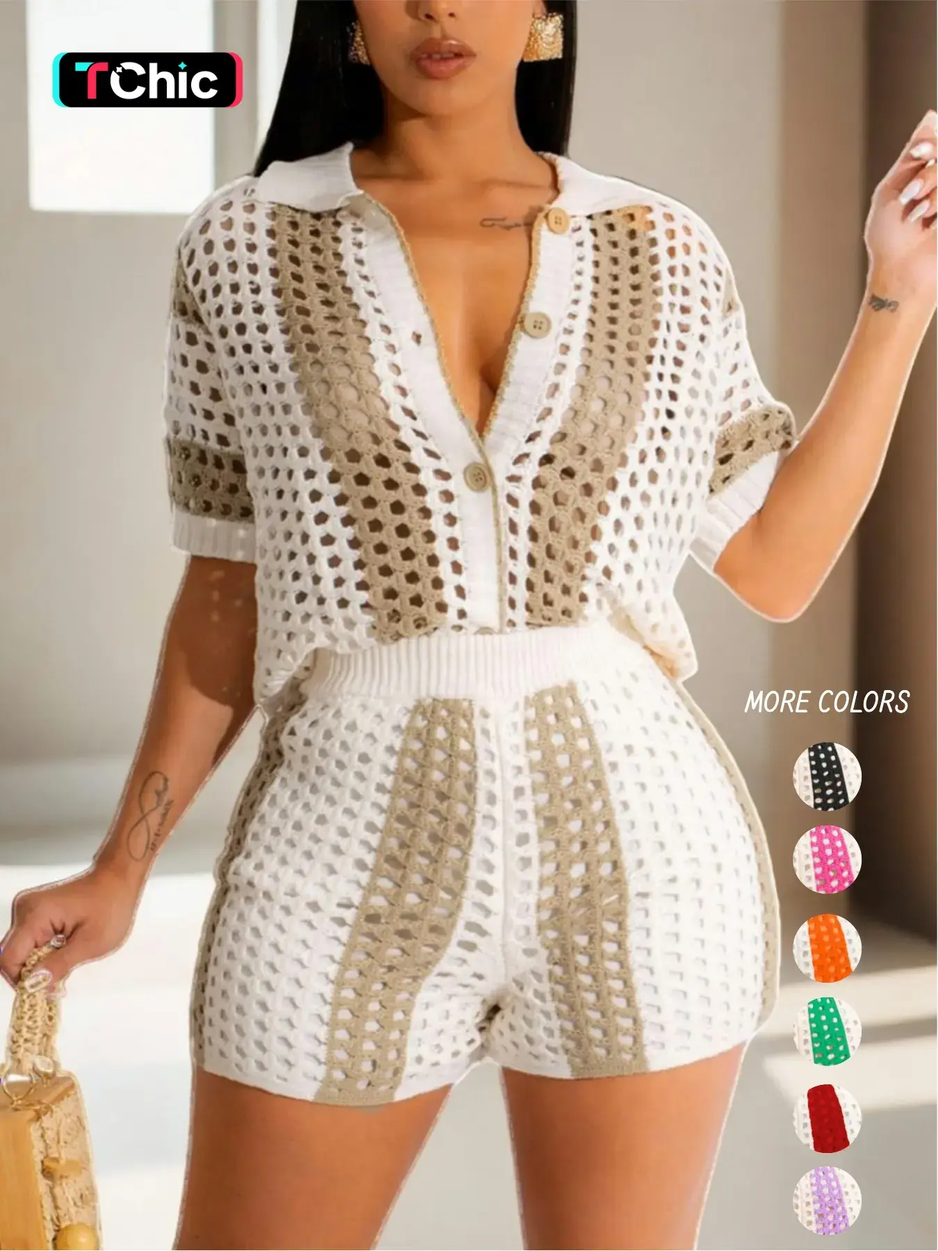 Women's Hollow Out Button Front Top & High Waist Shorts Set, Summer Clothes, Casual Colorblock Striped Print Short Sleeve Collared Top & Shorts, Summer Outfits
