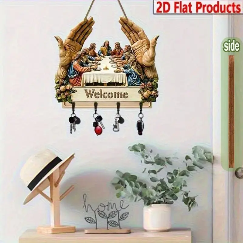 1 Counts 2D Flat Jesus and Disciples Wall Art Keychain -  Exquisite Religious Design with Four Metal Hooks,Artificial Wood & Metal Frame, Porch Welcome Sign, Farmhouse Style Seasonal Home Decor, Intricate Craftsmanship