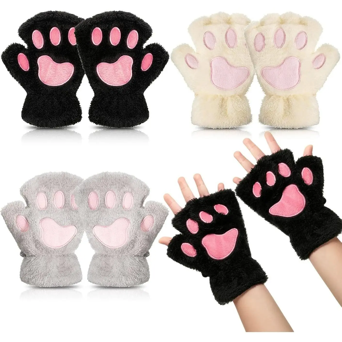 3 Pairs Cat Paw Gloves, Kawaii Fur Plush, Cat Bear Furry Paws, Winter Fingerless Gloves, for Girls Women, Halloween Cosplay