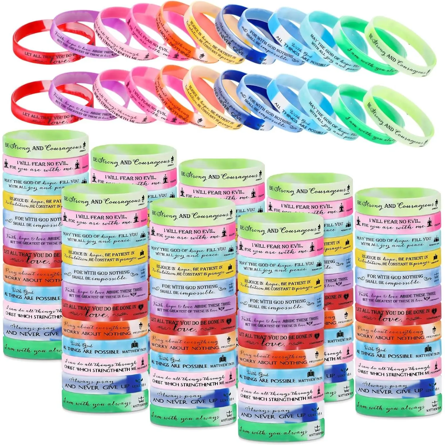 120 count  Verse Bracelet Bulk Inspirational  Wristband Colored Rubber Christian Scripture Bracelet Bulk Church Favors Vbs Sunday School Women Men Volunteer (Rainbow Gradient Color)